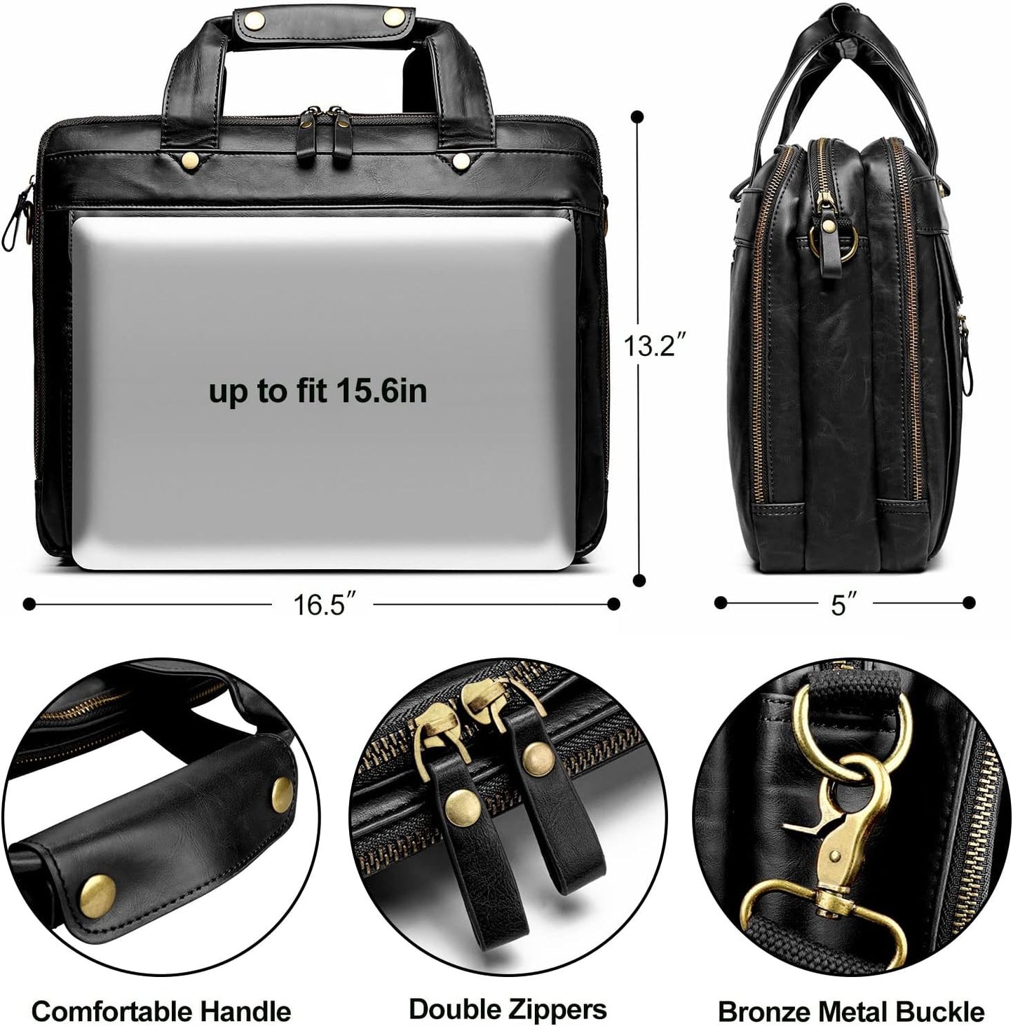 Leather Briefcases for Men 15.6 Inch Laptop Messenger Bag with Triple Compartments Water-Resistant Computer Shoulder Bag for Business, Travel, Work, Office, Black