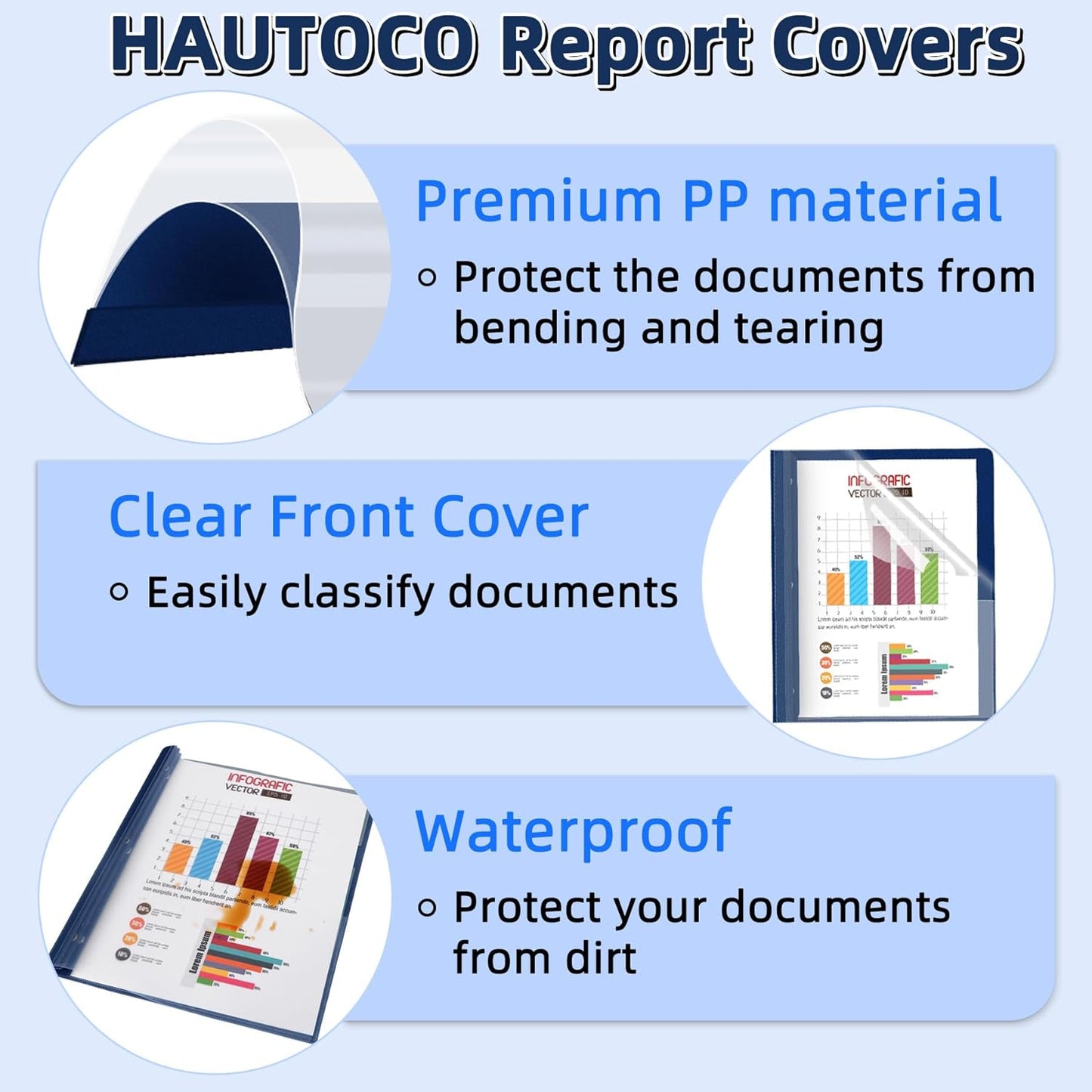 HAUTOCO 12 Pack Plastic Report Covers with 3-Prong Fasteners Clear Front Resume Portfolio Folder for 8.5x11 Letter Size Paper, Presentation Document Report Folders for Office School Use, Navy Blue