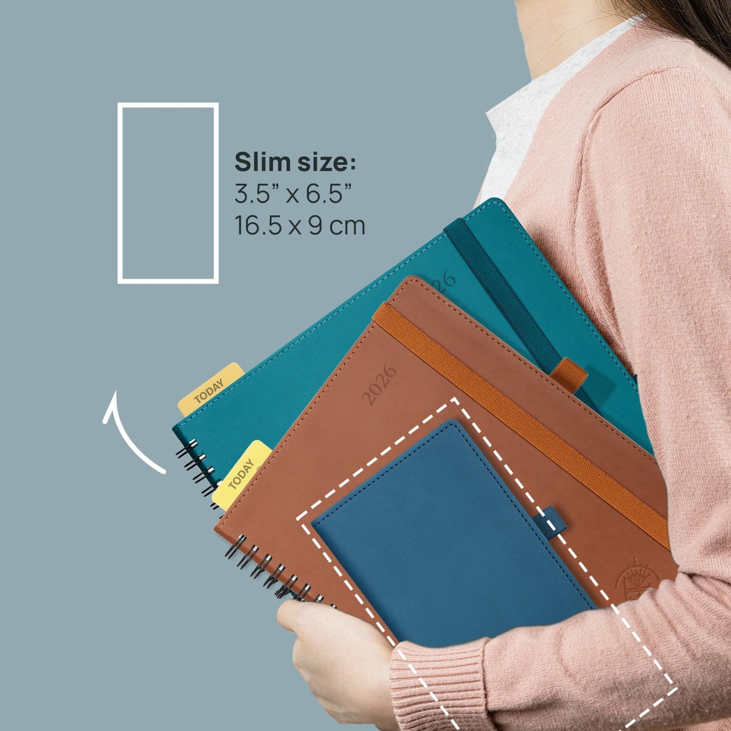 POPRUN 2026 Pocket Planner (Slim Size 3.5" x 6.5") Weekly and Monthly Calendar for Purse, with Hourly Time Slots, 100GSM Thick Paper, Spiral Soft Cover, Pen Holder - Blue Green