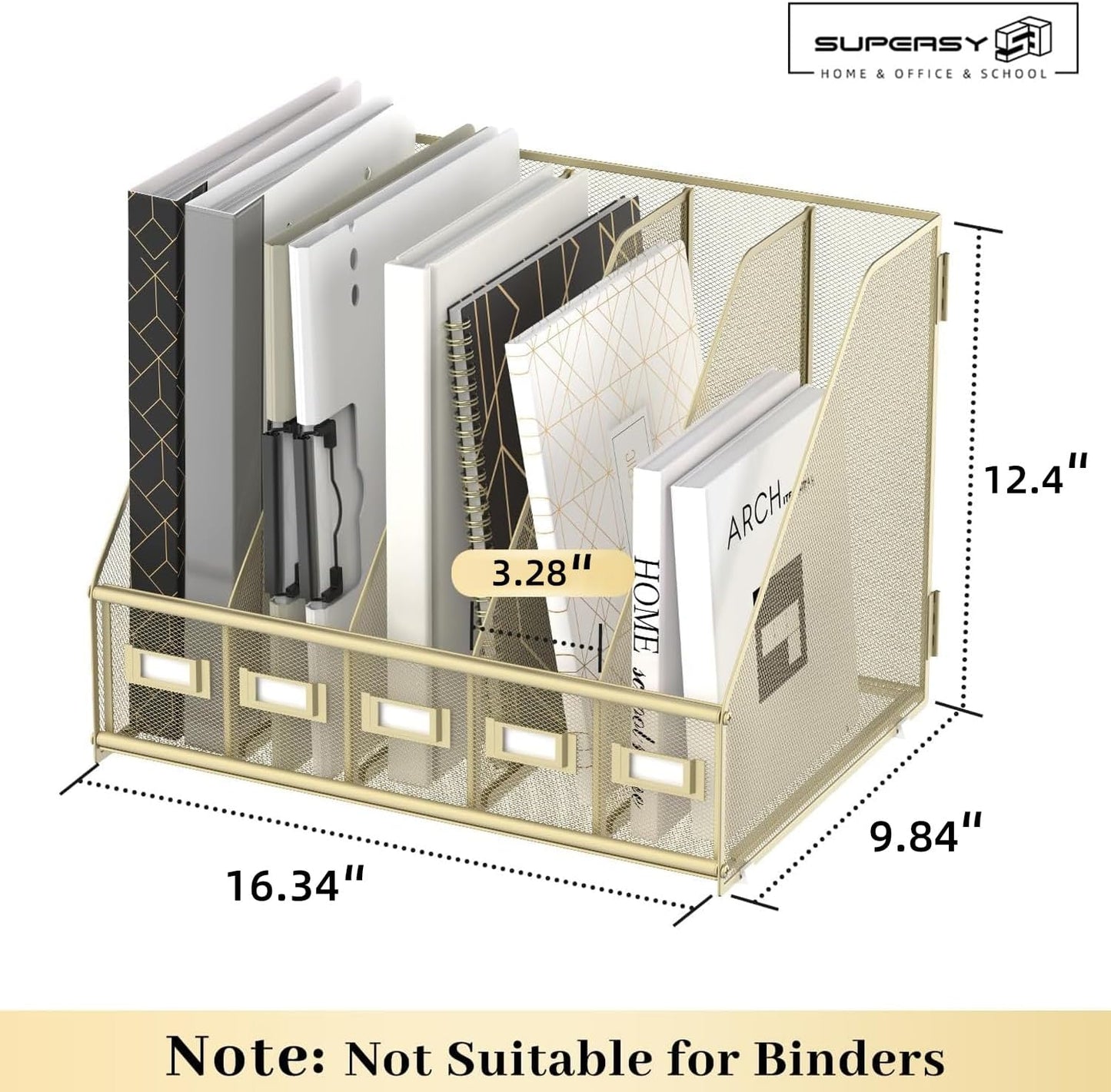 SUPEASY Desk Organizers Metal Desk Magazine File Holder with 5 Vertical Compartments Rack File Organizer for Office Desktop, Home Workspace, Golden Yellow