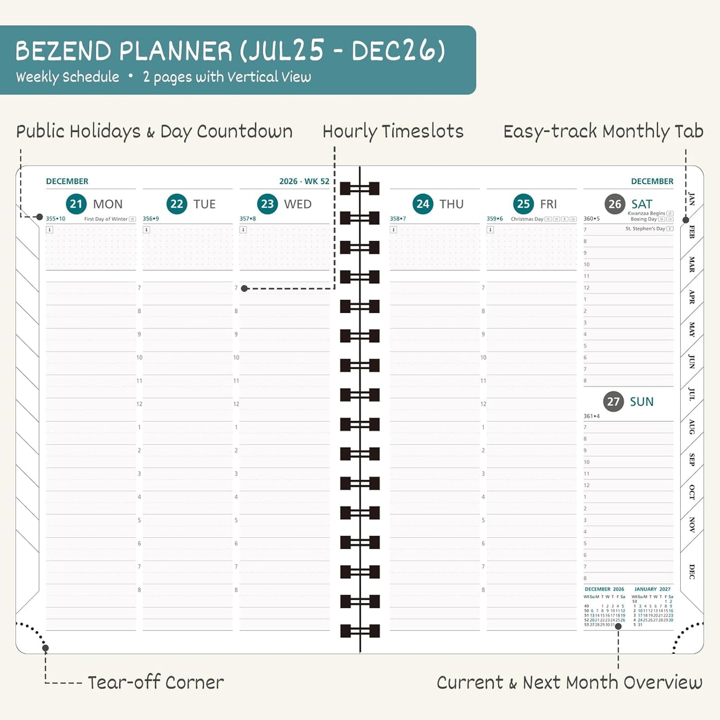 BEZEND Planner 2025-2026 Weekly and Monthly, 5.8" x 8.5" Academic Calendar (Jul 25-Dec 26) Vertical Daily Appointment with Hourly Timeslot & Monthly Tab, Spiral, PU Leather Softcover - Red