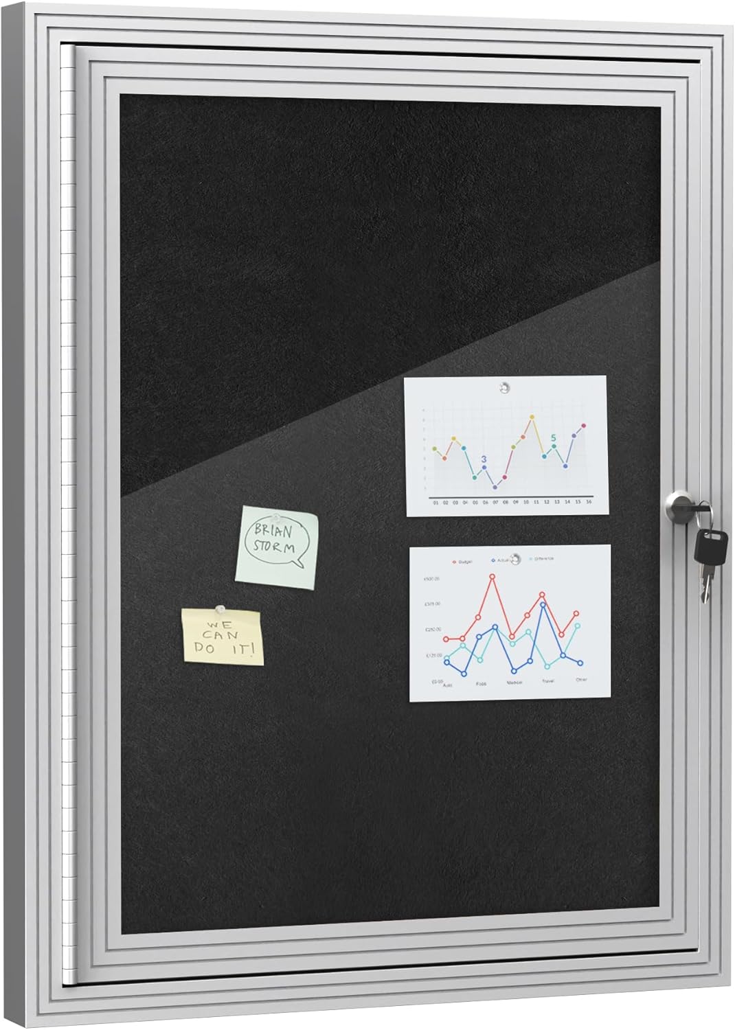 26"x20" Enclosed Bulletin Board, Outdoor Lockable Weather-Resistant Aluminum Cork Noticeboard for School & Office, Silver Frame w/Black Flet
