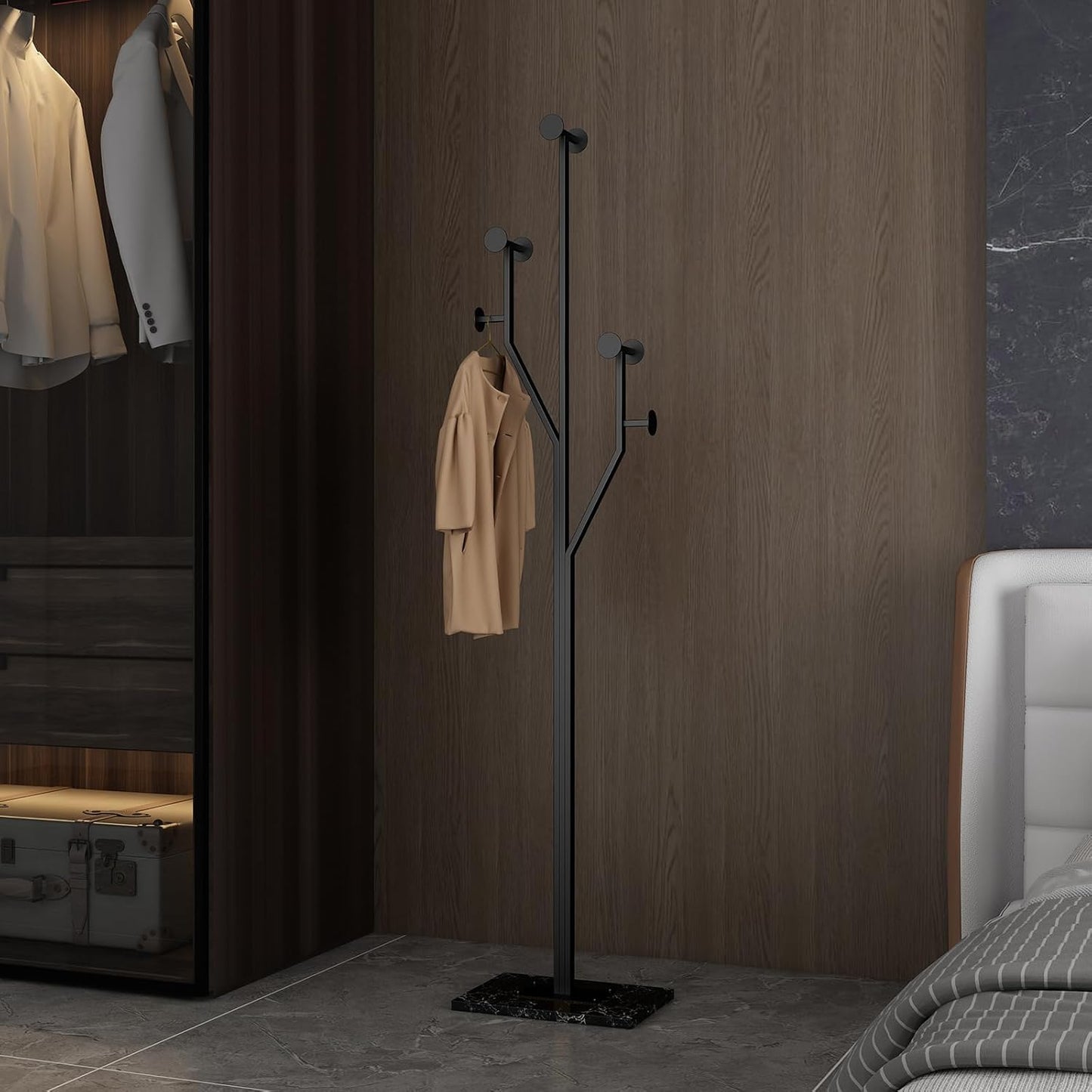 Freestanding Coat Rack Tree-shaped Metal Coat Tree with Heavy Duty Marble Base Corner Clothing Rack for Bedroom Entryway Hallway 14.96 x 10.24 x 68.9 Inches (Black)