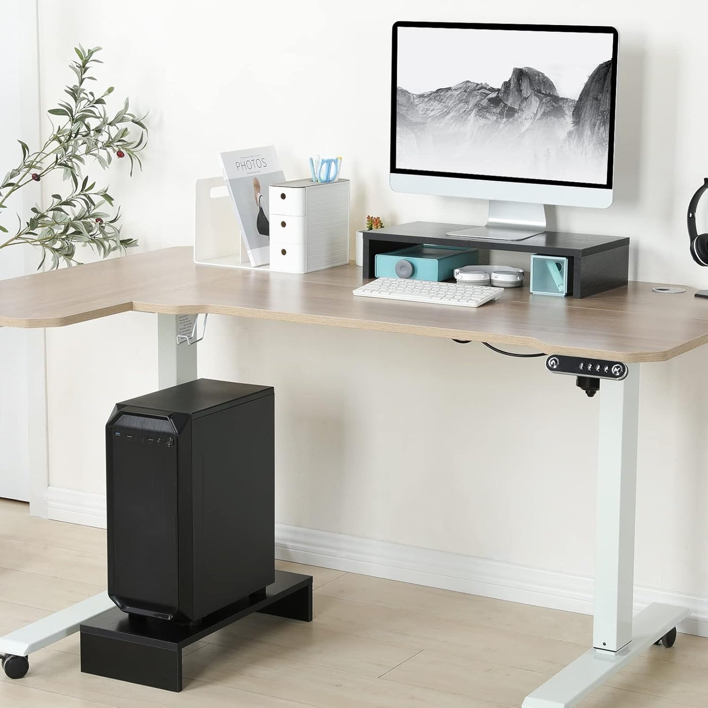 TEAMIX 2 Pack Monitor Stand Riser-20 inch, Black Desktop Stand for PC/TV/Laptop/Printer, Keyboard Shelf Organizer Wood Monitor Riser with Storage