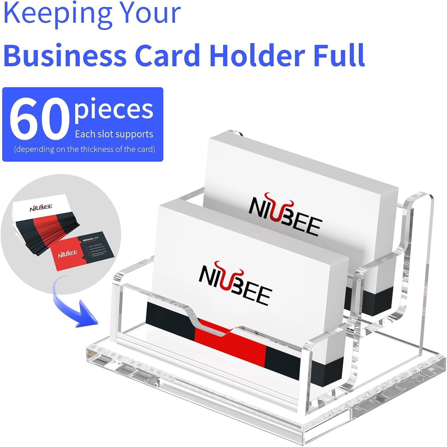 NIUBEE Clear Business Card Holder 2 Tier Acrylic Business Card Stand, 2 Slots Business Card Display for Desk Counter, 150 Card Capacity, 1 Pack