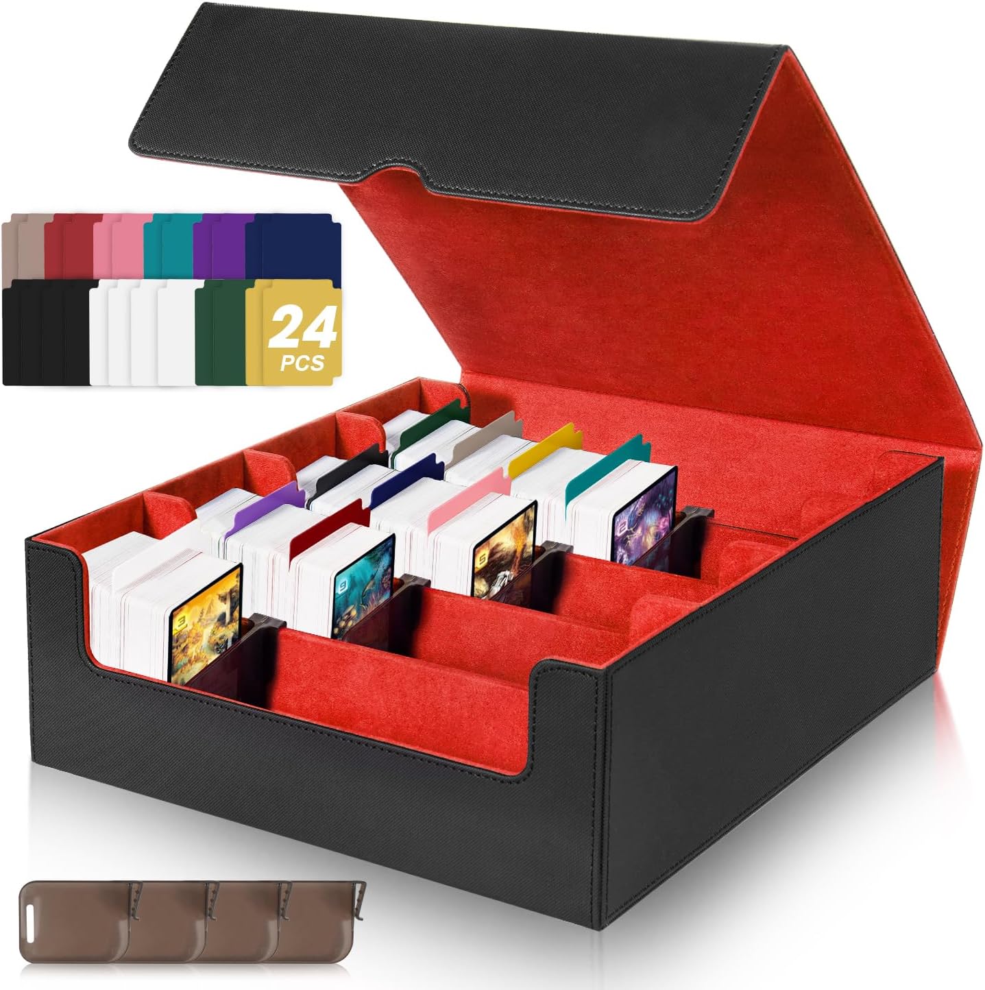Card Organizer Box, 3000+Trading Card Storage Box, PU Leather Card Organizer Box With 24 Dividers, Magnetic Closure, 4 Supporters, Card Holder Box For Game Sports Card,Red