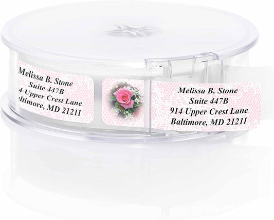 Romantic Rose Designer Rolled Address Labels with Elegant Plastic Dispenser