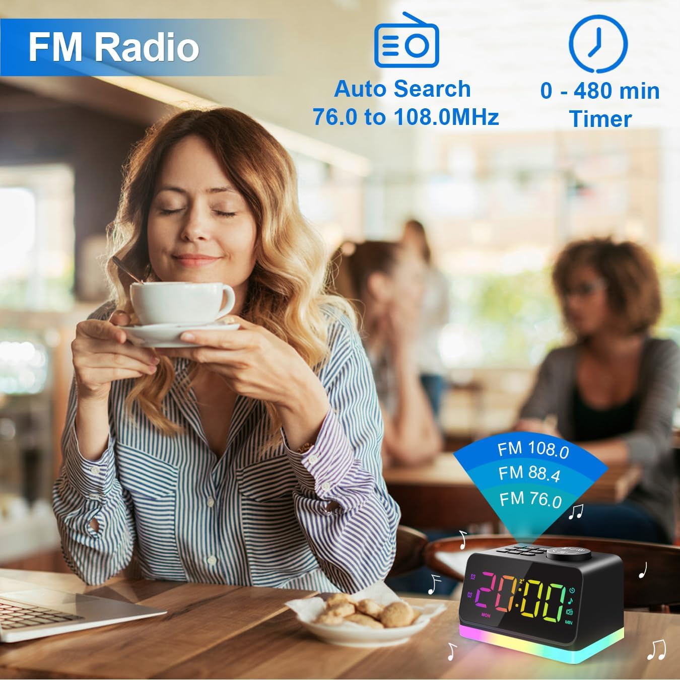 JALL Digital Alarm Clock with FM Radio for Bedroom, 8 Colors Night Light with Charging Port, Sleep Sound Machines with Timer, Dual Alarm (Black with RGB Font)
