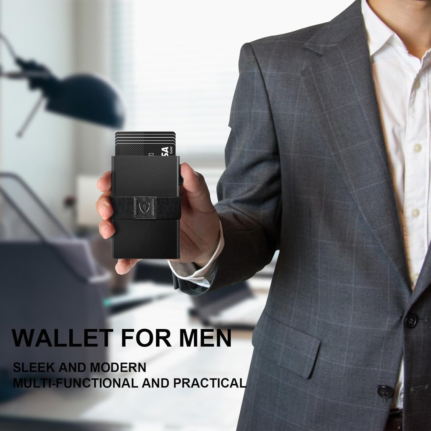 Slim Wallet for Men,Black RFID Blocking Card Holder with Expandable Backplate Money Clip & ID Window Quick Access Minimalist Metal Pop Up Wallet,Holds 12+ Credit Cards/Passport/ID Cards