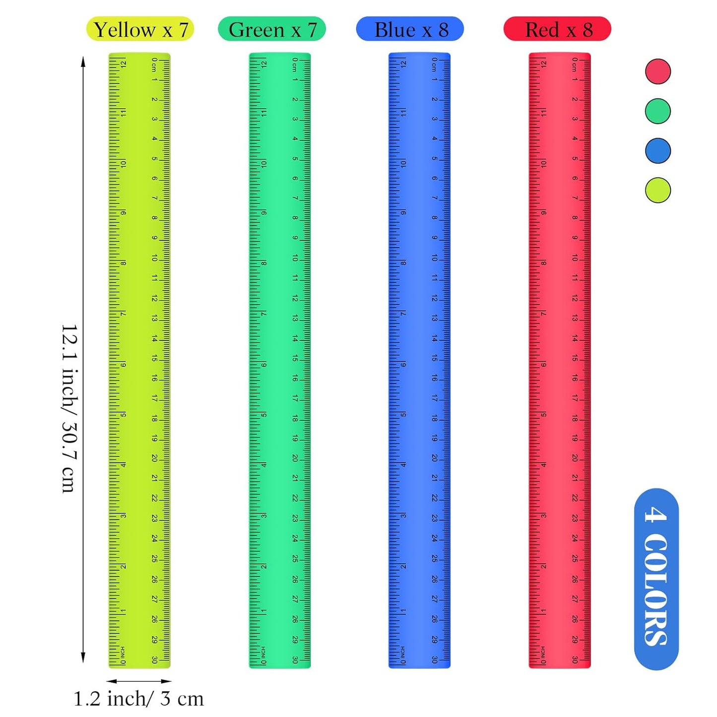 Zonon 30 Pcs 12 Inch Plastic Ruler Assorted Colors Ruler Bulk with Centimeters Millimeter and Inches Rulers First Day of School Gift for Kids School Classroom Office Supplies(Elegant Color,Plastic)