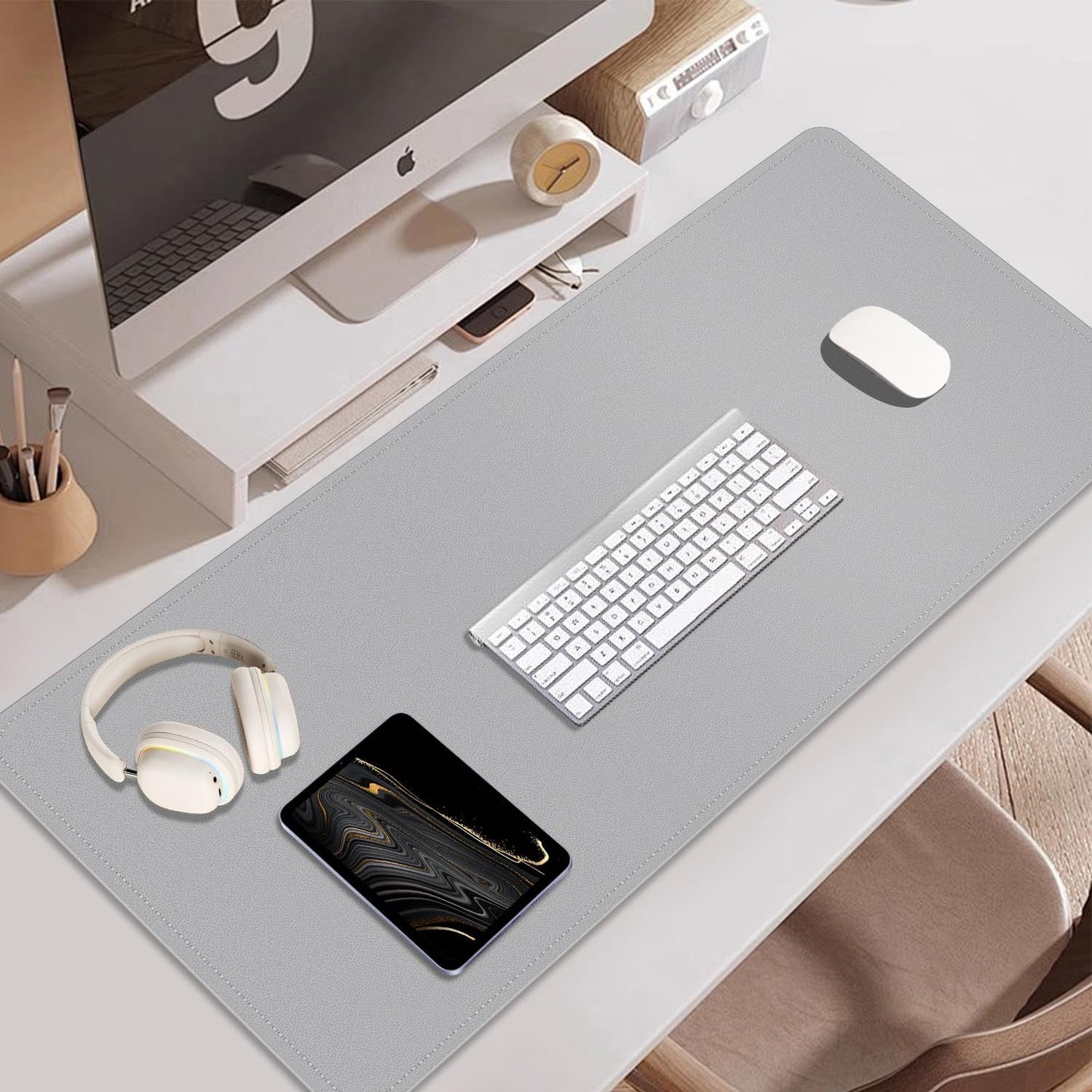 BLESWIN Large Desk Pad, 47.2'' x 23.6'', Office Desk Mat, Computer Mat for Desk, Leather Desk Pad Protector, Sewing Desk Blotter, Desktop Writing Pad for Office/Home/Decor Light Grey