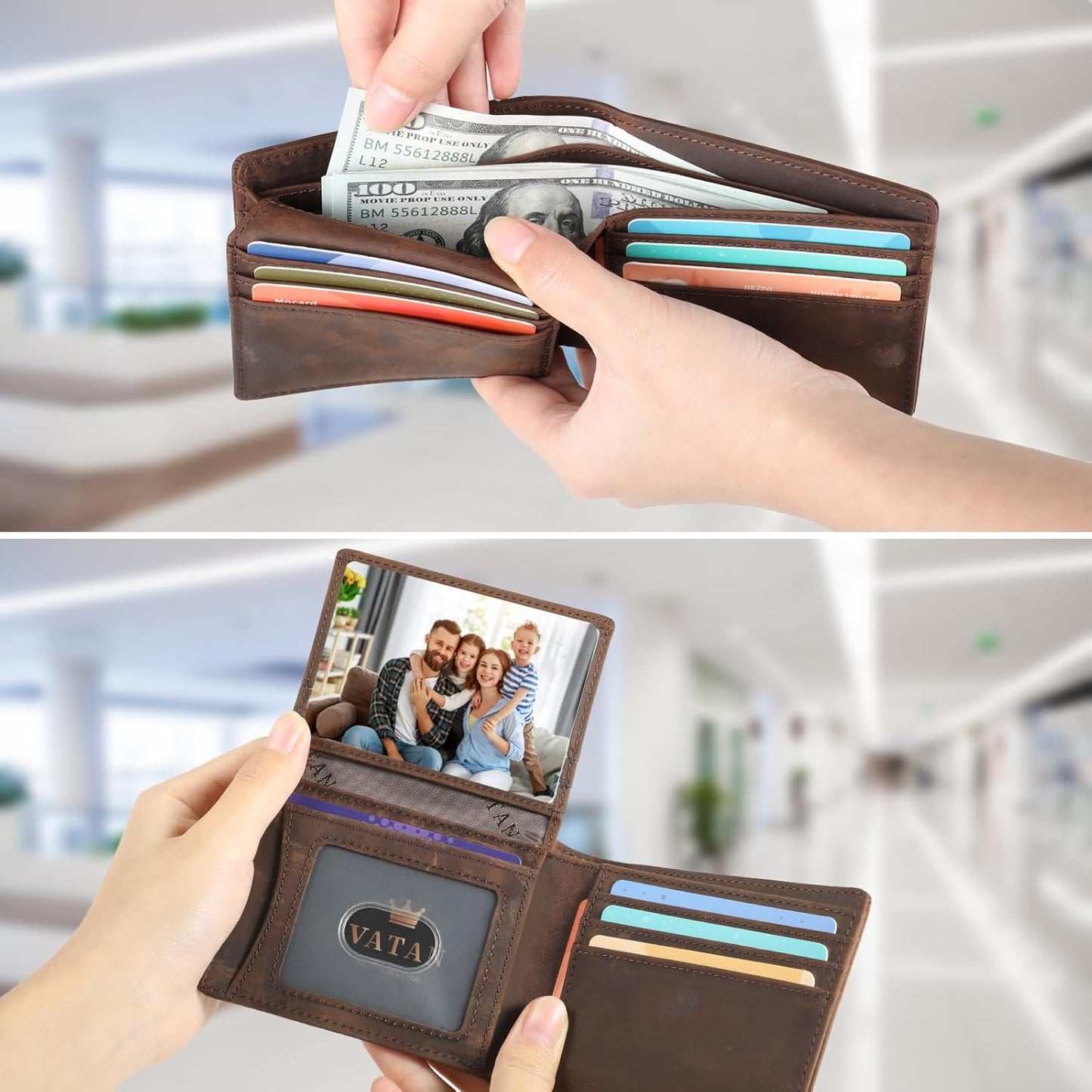 VATAN Wallet for Men, Mens Minimalist Wallet Credit Card Holder, Slim Leather Rfid 2 ID Window Large Capacity With Gift Box (CH Coffee)
