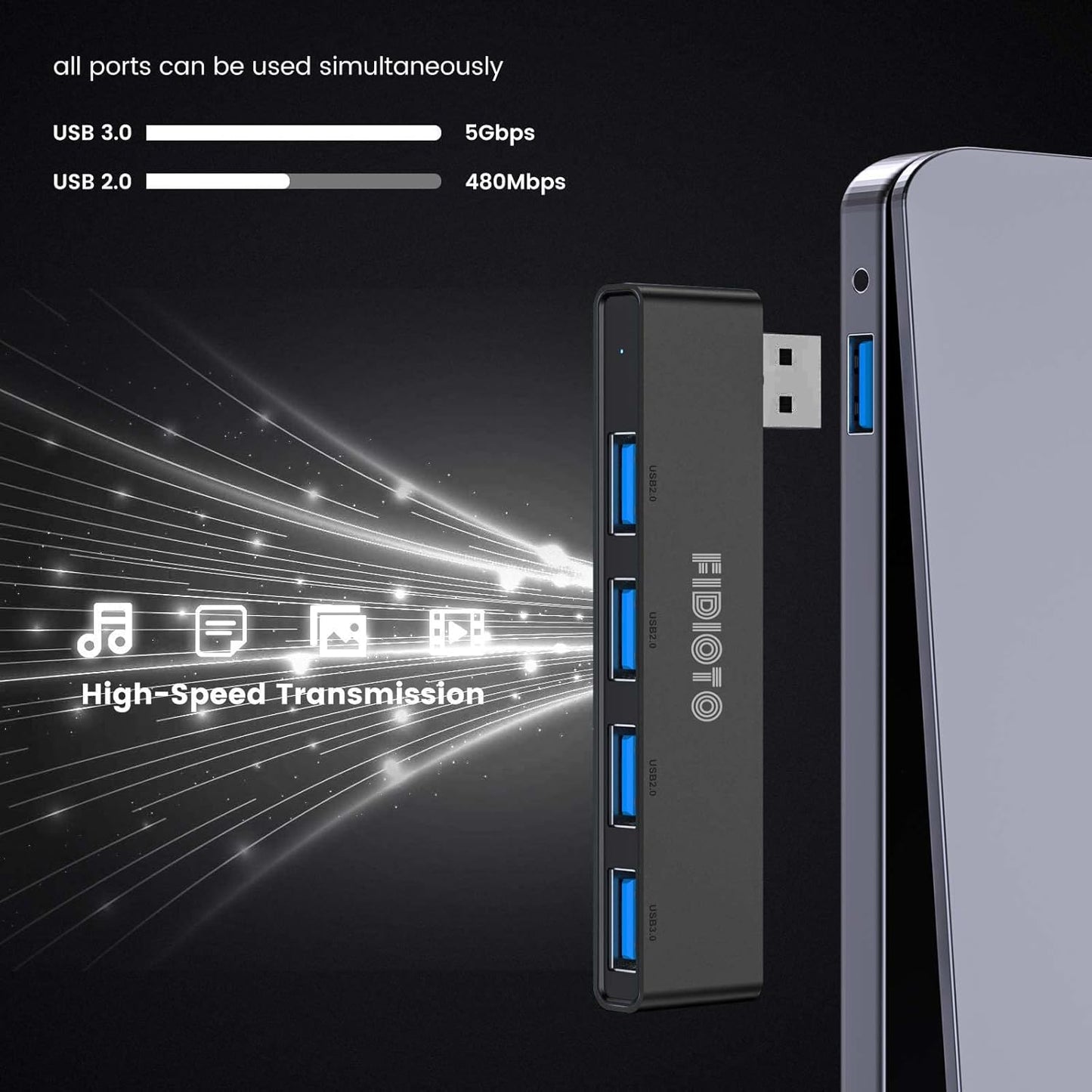 USB Hub, Fidioto 4 Port USB Adapter(1 * 3.0 Hub, 3 * 2.0 Hub), Networking Hub Expander for Laptop, iMac Pro, MacBook Air, Mac Mini/Pro, Surface Pro, Notebook PC, USB Flash Drives and Mobile HDD Etc.
