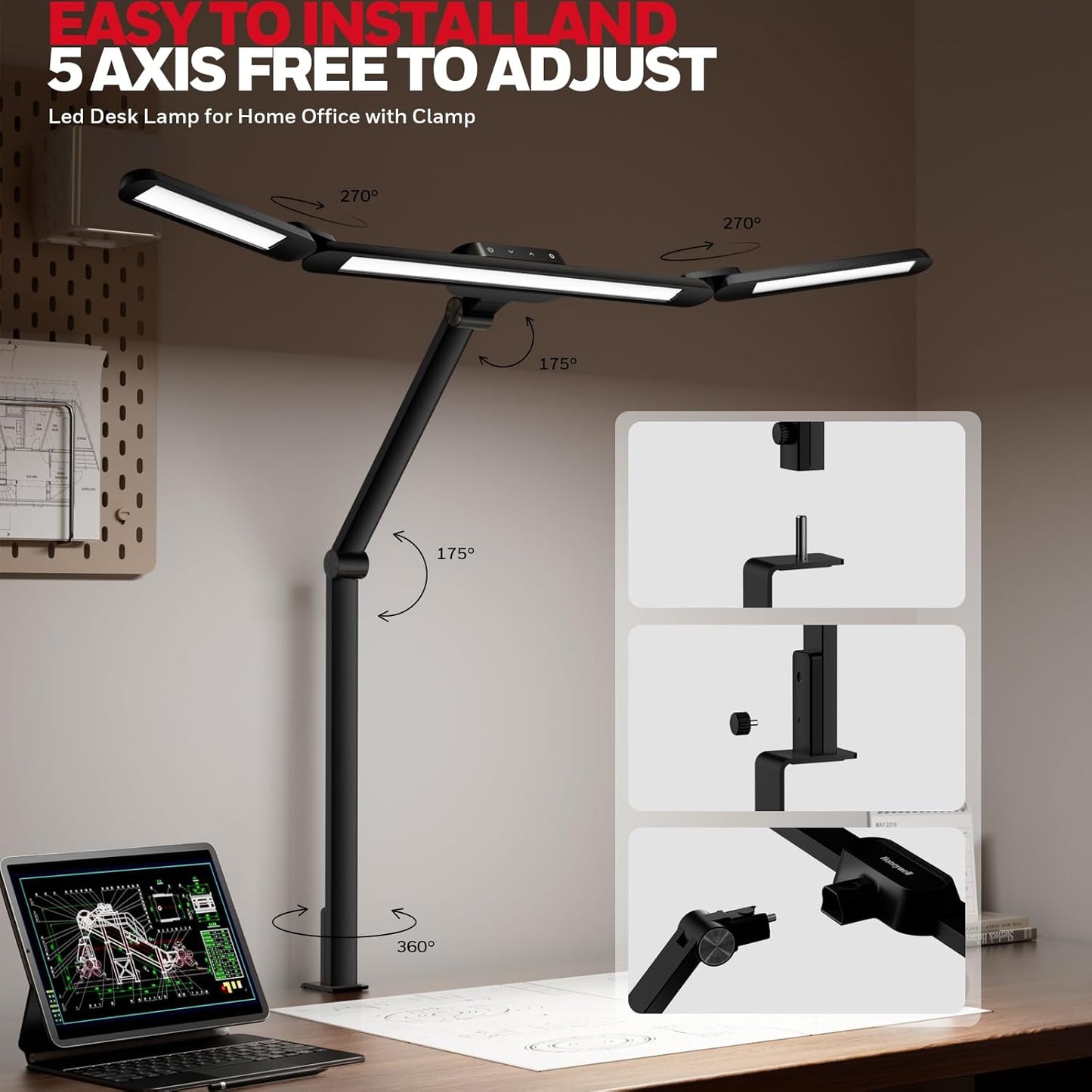 Honeywell LED Desk Lamp with Clamp, HJ3 Sunturalux Architect Desk Lamp for Home Office, Eye-Caring Computer Desk Light 22W 4 Color Modes Clip on Light Stepless Dimming Task Lamp for Working