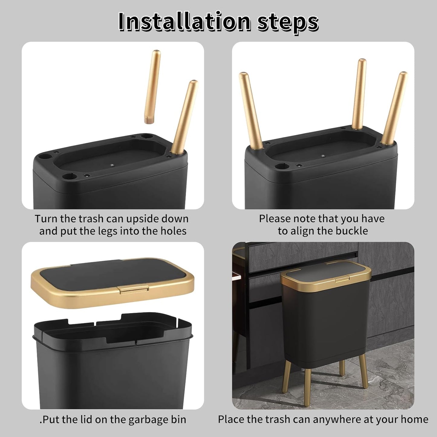 Procade 2Pack Office Trash Can with Lid, 4 Gallon Gold Trash Can Bathroom, Black Garbage Can with Push Button, Narrow Garbage Bin Waste Basket for Bedroom, Kitchen, Toilet