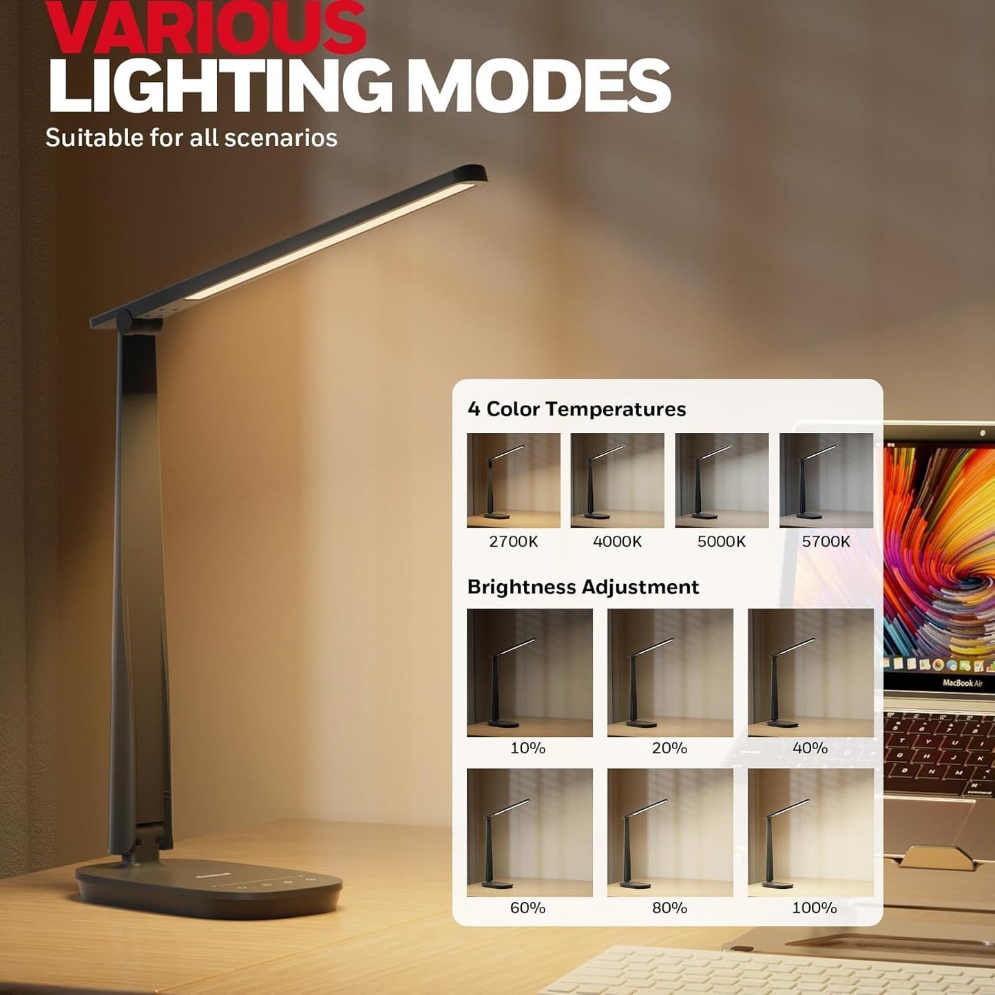 HONEYWELL LED Desk Lamp - HWT-H2 Sunturalux™ Eye-Caring Foldable Desk Light with USB A+C Dual Charging Port 4 Color Modes Dimmable Table Lamp for Home Office Bedroom Reading Study Work - Black