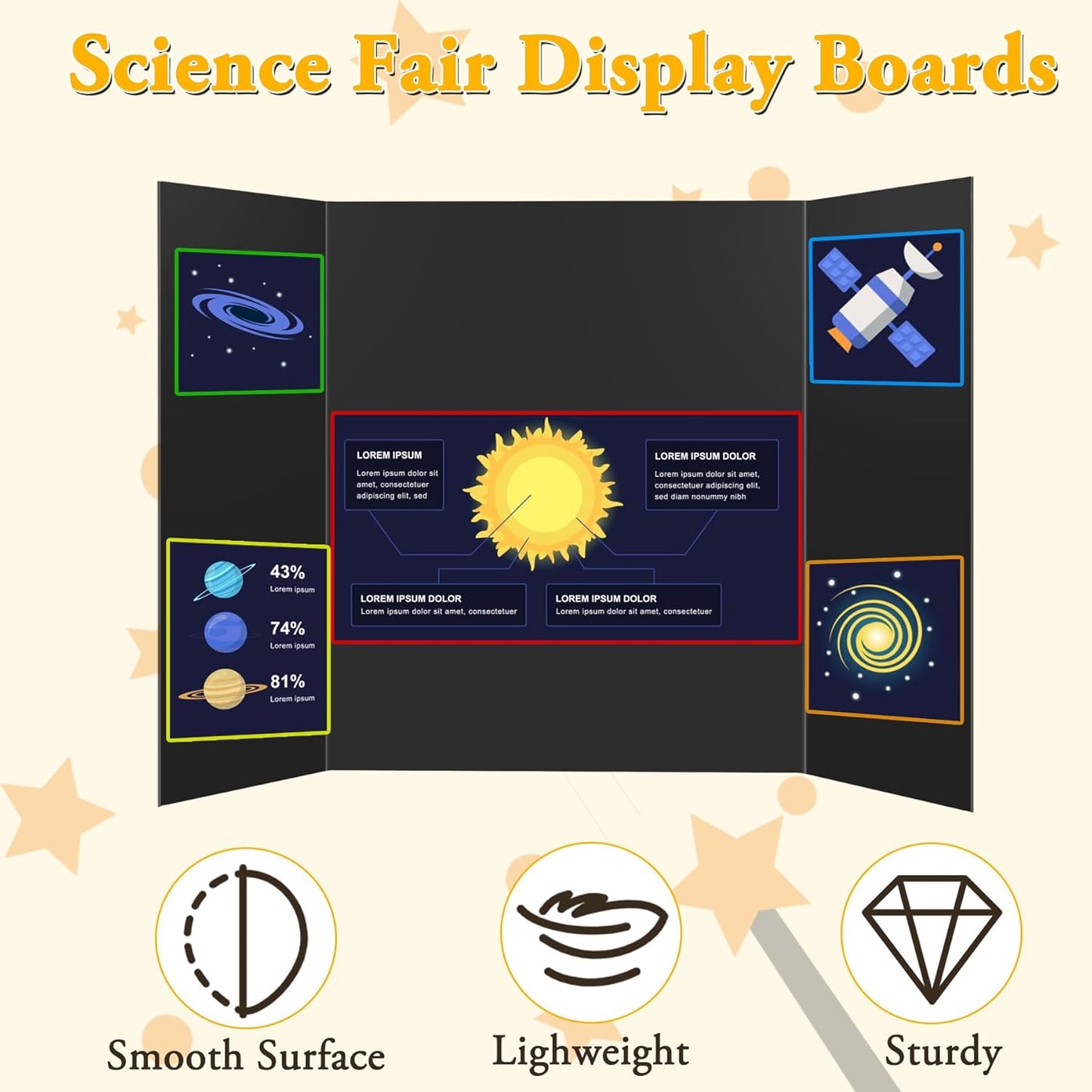 4PCS Medium Trifold Poster Board 26" x 16" Black Tri Fold Presentation Boards, Corrugated Cardboard Picture/Project Display Boards for Event, Exhibition, Business, School Project, Science Fair