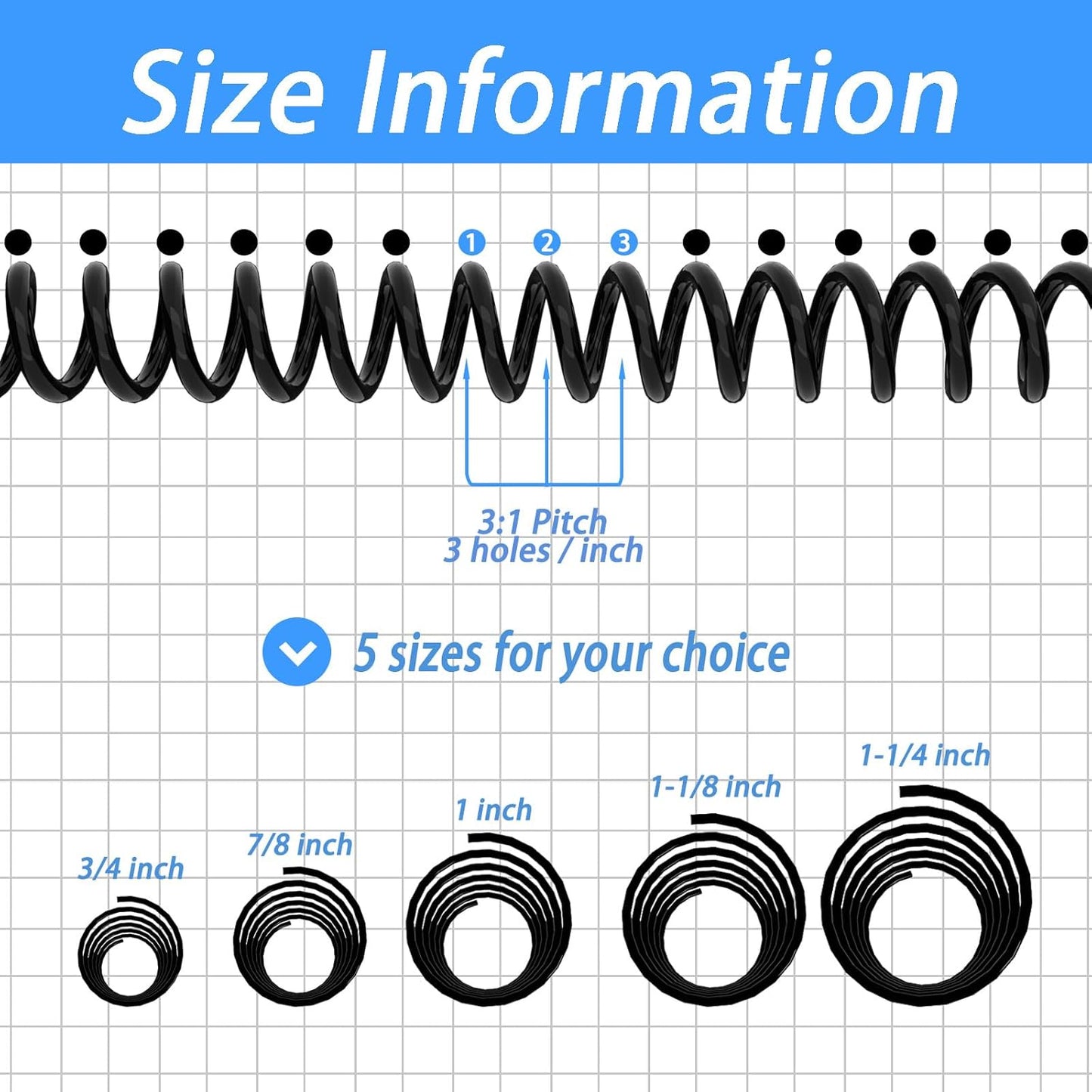 Rayson 28.6mm Plastic Spiral Coil Binding 3:1 Pitch, 1-1/8 inch, 240 Sheets Capacity Black Coil Binding Spines - Versatile for Office and Educational Tasks, Pack of 50