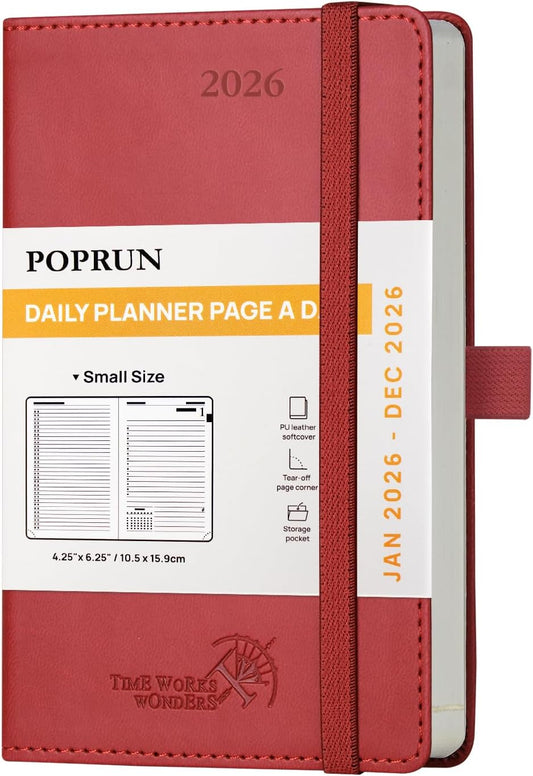 POPRUN Daily Planner 2026 (Jan - Dec), (Purse Size-4.25" x 6.25") 2026 Daily Calendar with One Page Per Day Even Weekends, Hourly Appointment Book with Pocket, PU Leather Softcover - Burgundy Red