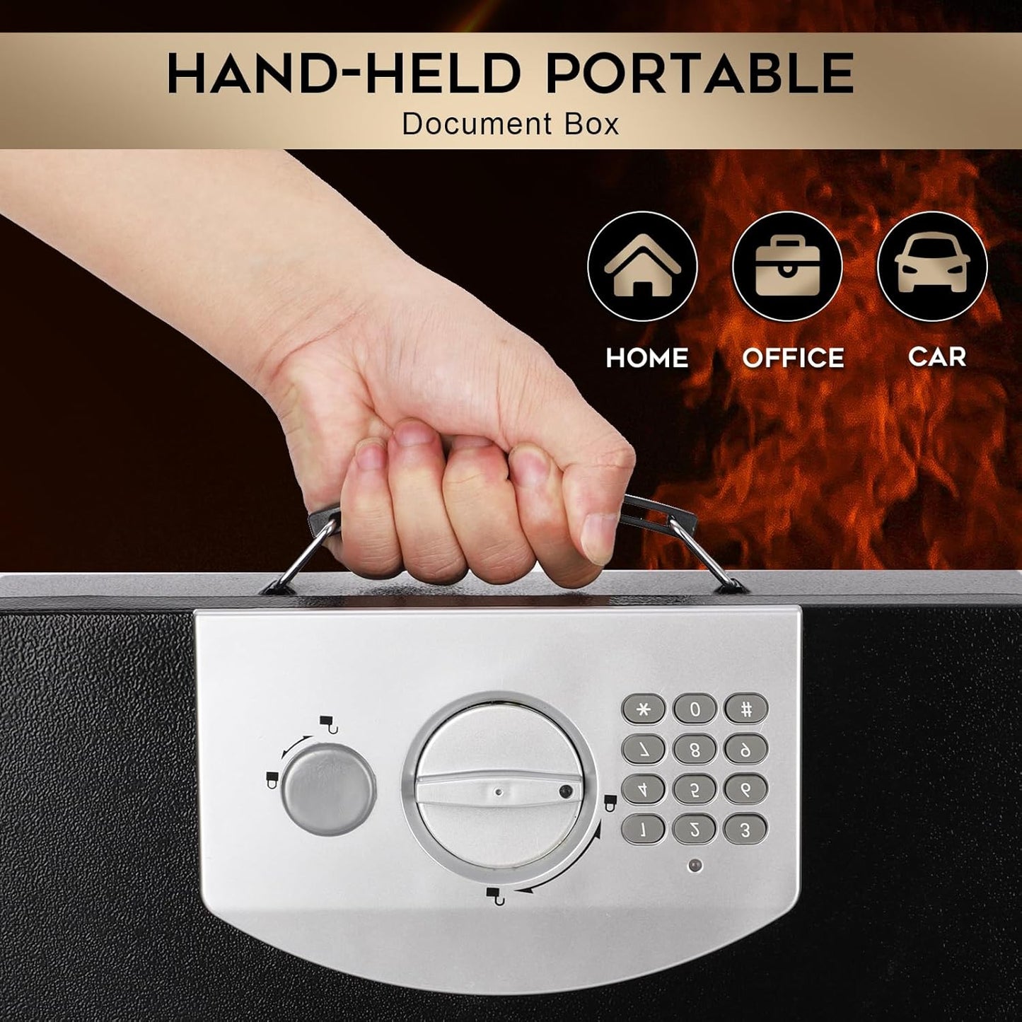 Dalmbox Portable Metal Safe Box with Digital Code Lock,Fire Resistant Storage for Documents, Fireproof Safe Box, Car, Home, Office and Outside, Black Box， Medium