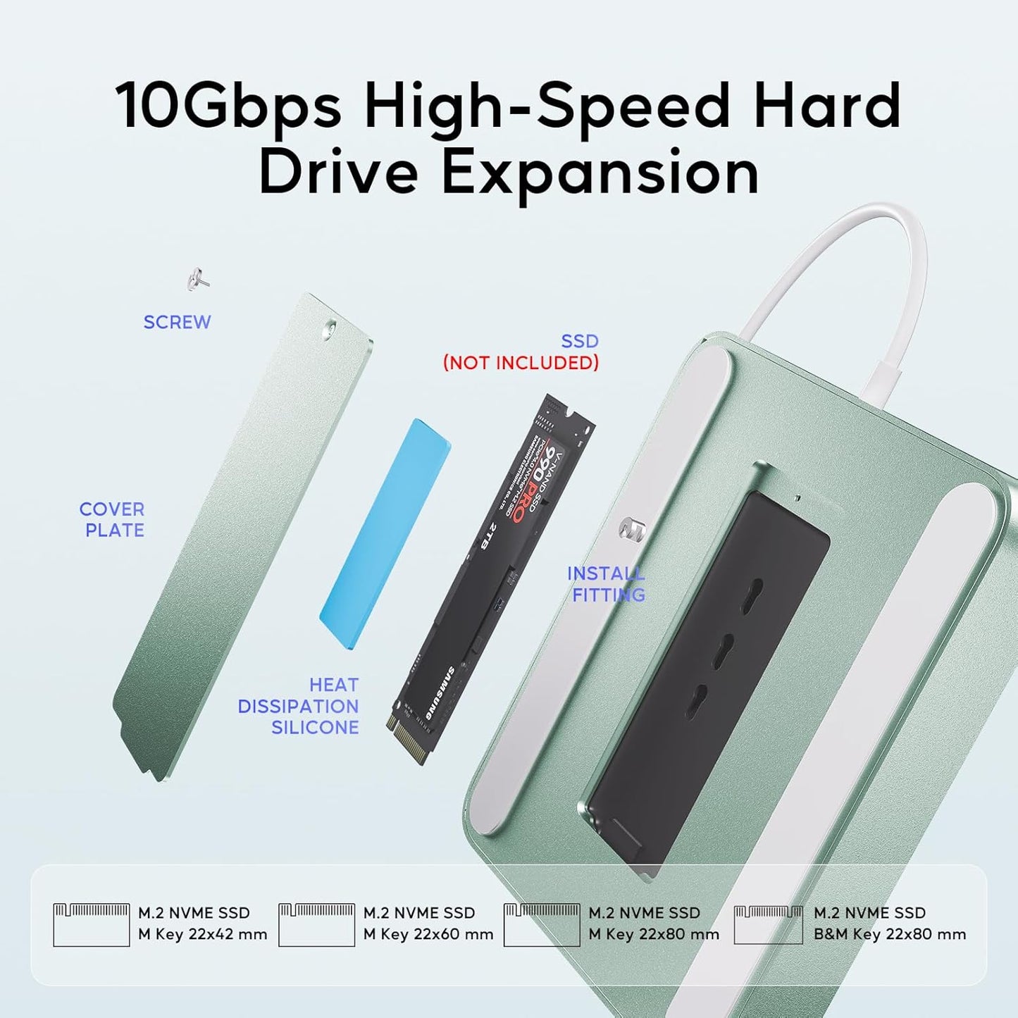 USB C HUB for iMac 24 inch 2021/2023/2024, USB Hub Adapter iMac Accessories for iMac M1/M3/M4 with USB C 10Gbps 3*USB A SD/TF, Docking Station Support Expand M.2 SSD (Not Included), Green