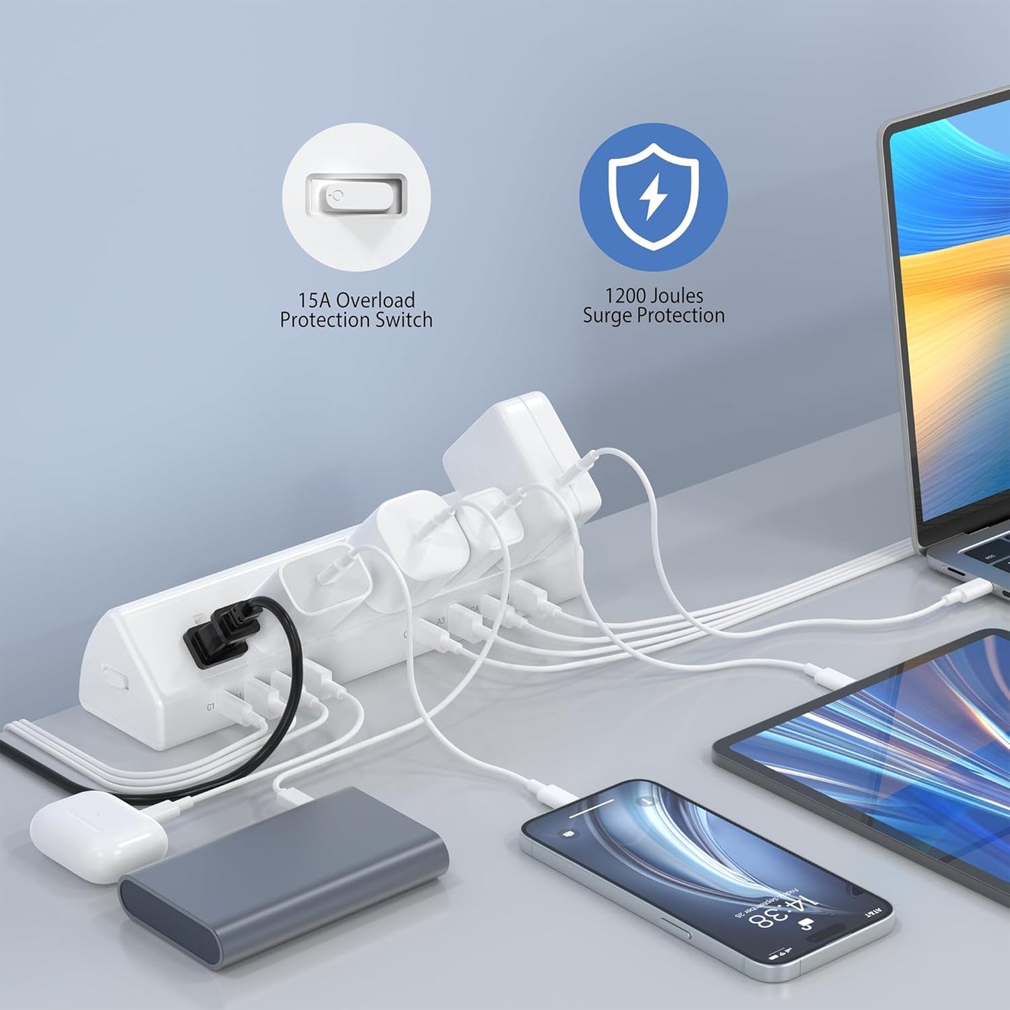 Desk Clamp Power Strip 65W Fast Charging Station,4 PD USB-C,5 Outlets,Nightstand Desk Edge Mount Tower Surge Protector,15 Amp Heavy Duty Power Strip,Fits 1.96" Tabletop Edge (White, 6 FT Cable)