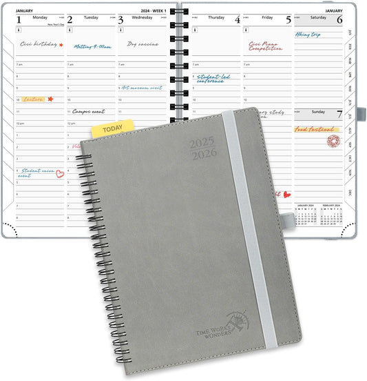 POPRUN Planner 2025-2026 (Medium - 6.5'' x 8.5'') Academic Weekly Calendar (July 2025 - June 2026) with Hourly Time Slots, Monthly Tabs, 100GSM Thick Papers, Spiral Leather Cover - Grey