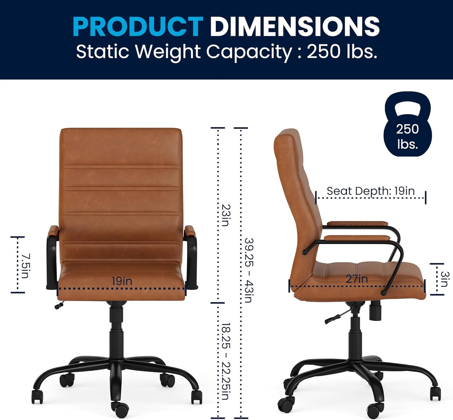 Flash Furniture Whitney High-Back Swivel LeatherSoft Desk Chair with Padded Seat and Armrests, Adjustable Height Padded LeatherSoft Office Chair, Brown/Black Gold