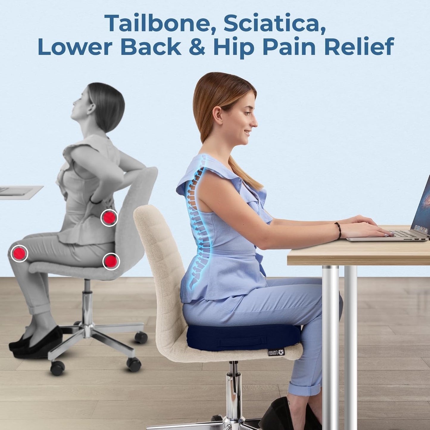 5 STARS UNITED Seat Cushion for Tailbone Pain Relief – Large Memory Foam Lifting Pillow for Coccyx, Hip, Sciatica & Post-Surgery Recovery – Wheelchair, Car, Desk, Gaming & Office Chairs, Blue