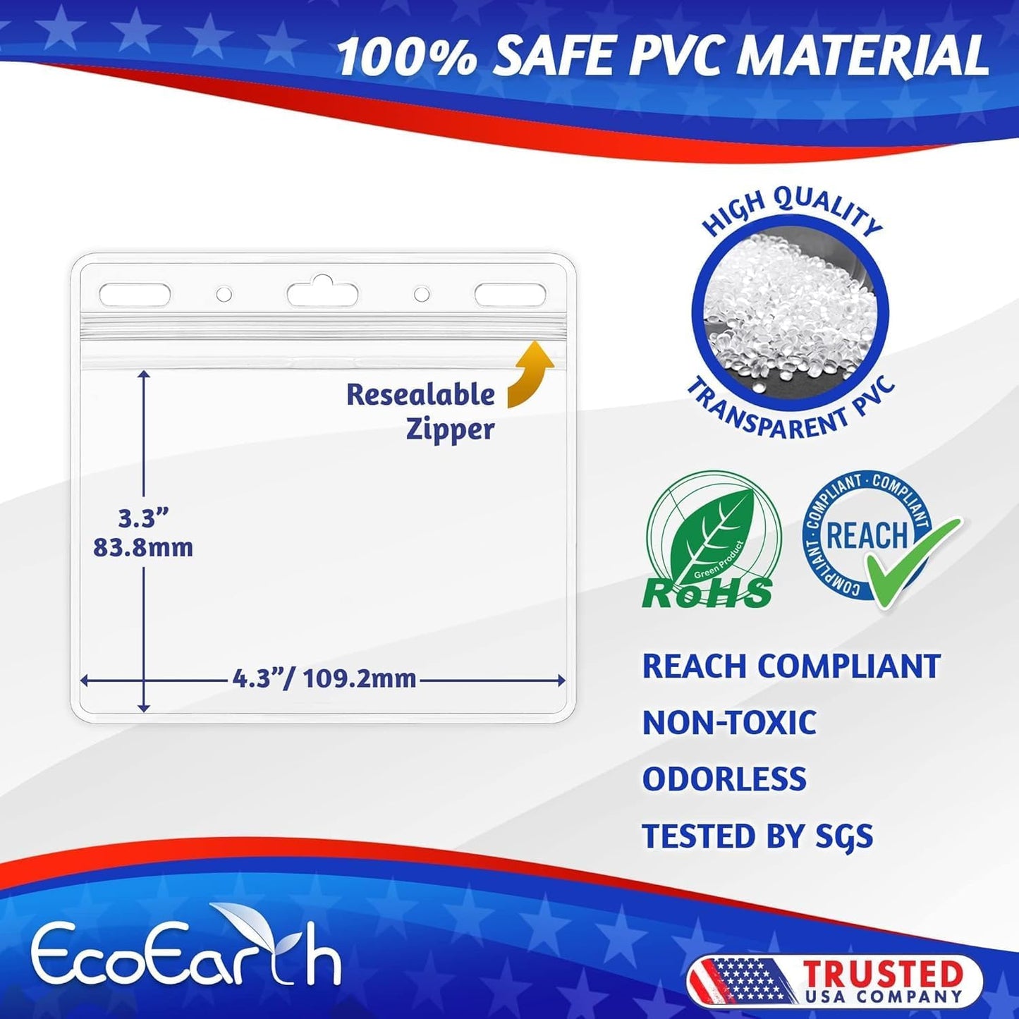 EcoEarth - Horizontal PVC Card Protector with Metal Clips and Vinyl Straps with Soft Edge - Sealable Fits 4x3 inch Inserts - Clear, 10 Pack - Waterproof ID Holder Bulk - ID Card Holder