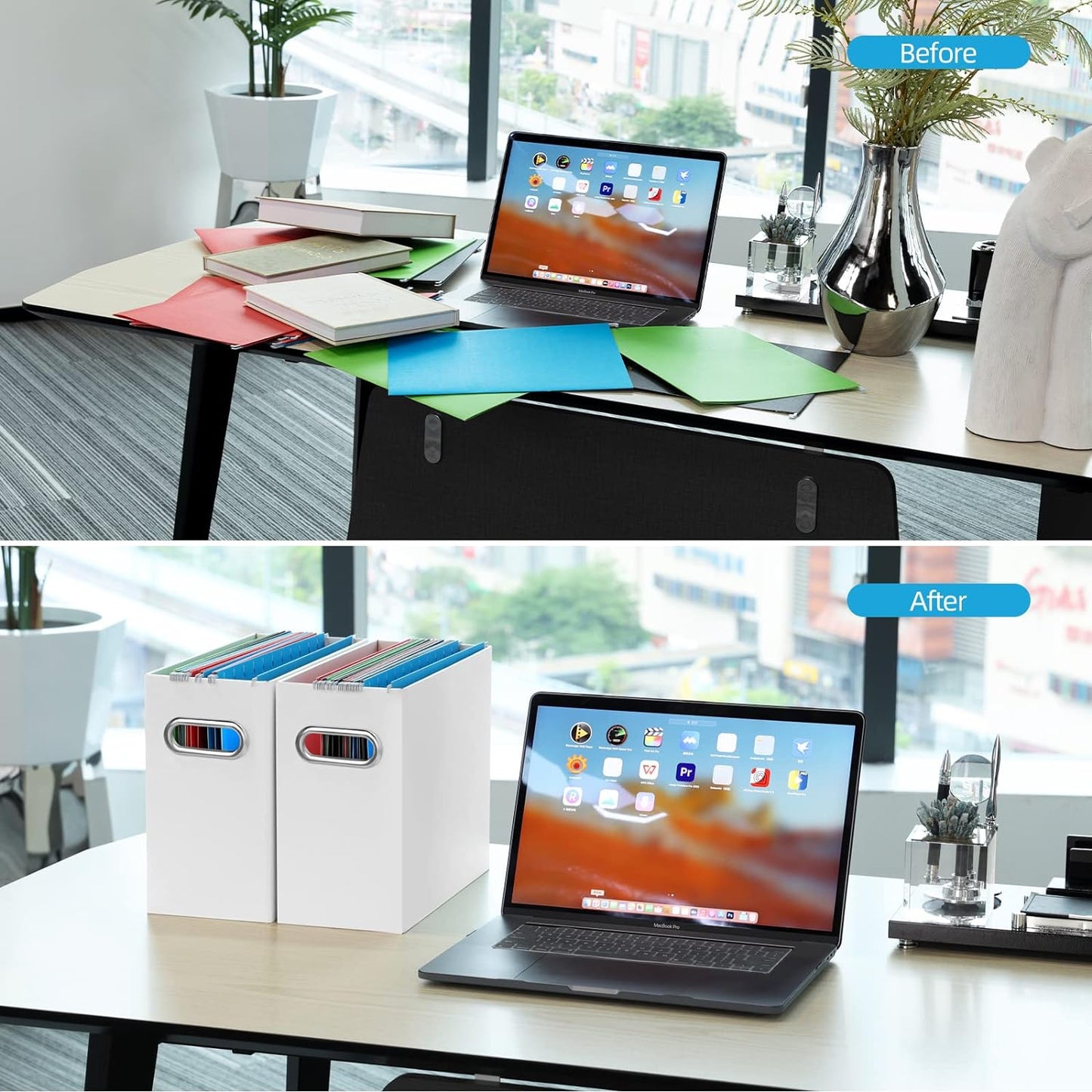 Oterri File Organizer, 2 Packs Small Storage Box, Cardboard File Folder Organizer, Collapsible File Box for Hanging File Folders Letter Size, Portable Filing Organizer with Handle（White）