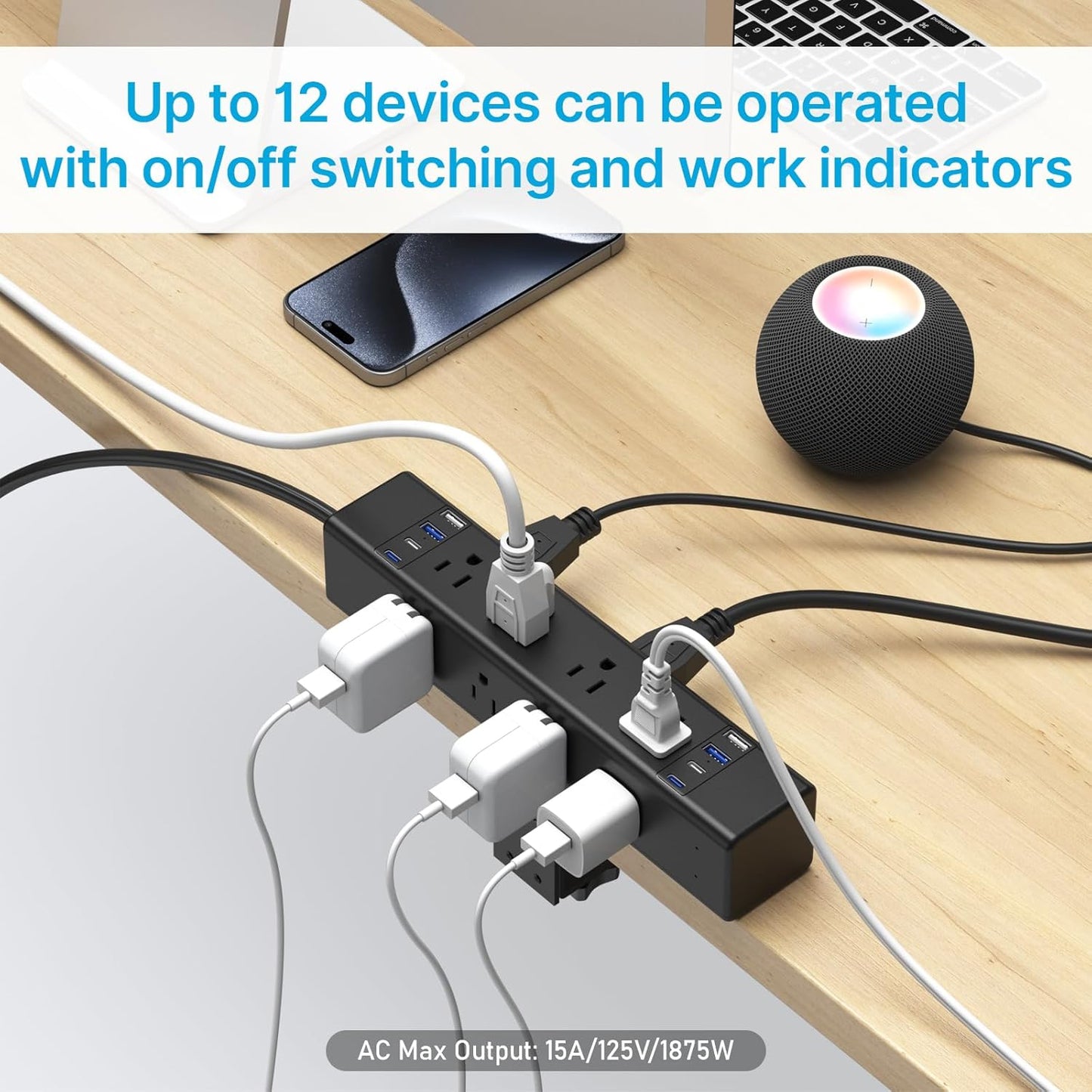 CCCEI Desk Outlet Station 45W USB C Port. 12 Outlet Desktop Clamp Power Strip Surge Protector 4800J with Switch. Nightstand Office Standing Desk Accessories Fit Thicker Table Edge or Screw Mount, 10FT