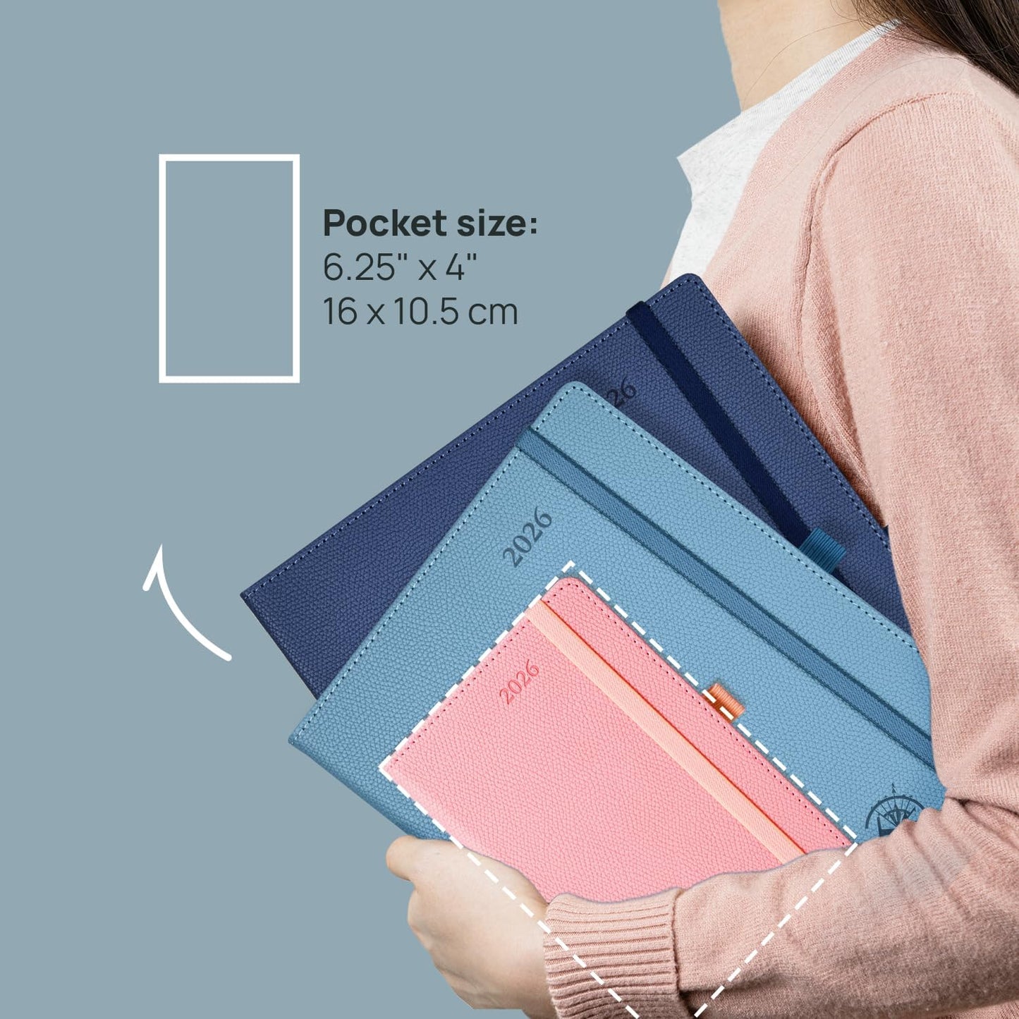 POPRUN Weekly Planner 2026 Calendar (Pocket 4'' x 6.25'') 12 Months Notebook with Horizontal Layout, Leather Hardcover, Inner Pocket, 100GSM Thick Paper, Pen Holder - Black