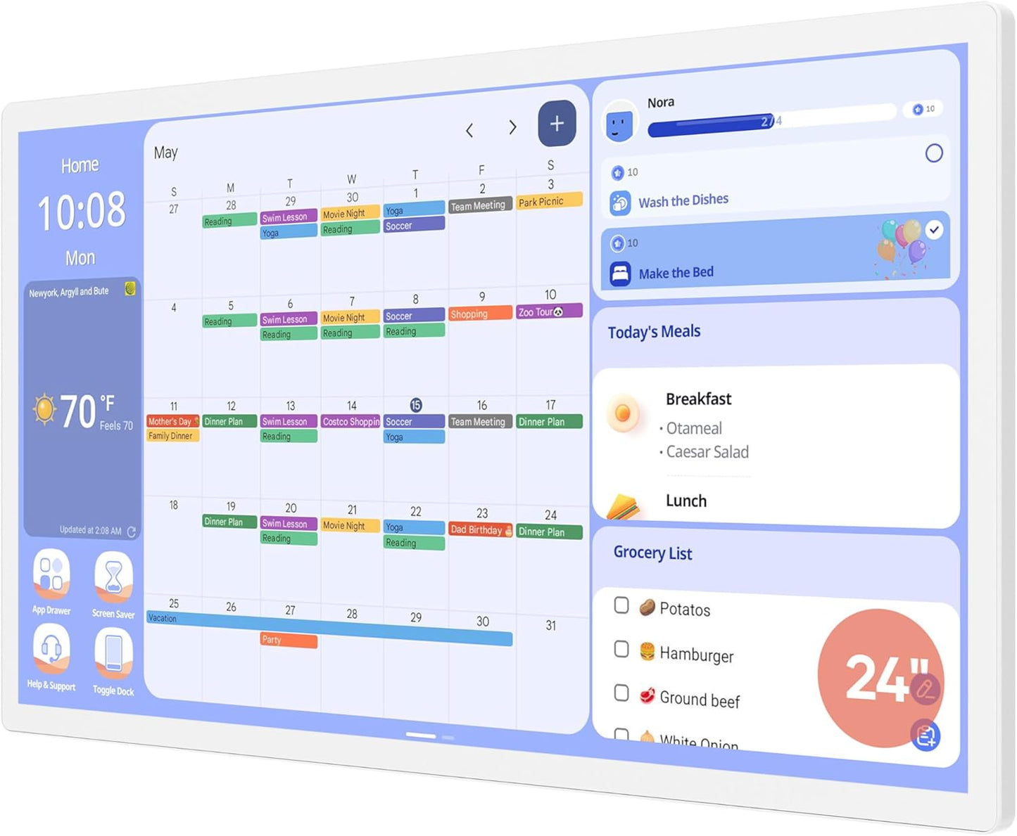 Cozyla Digital Calendar+ 2: 24 inch Wall Planner Touch Screen Chore Chart Customize Dashboard Smart Electronic Calendar for Family Schedules Meal Planner Support Any Google Play App Wall Mount White