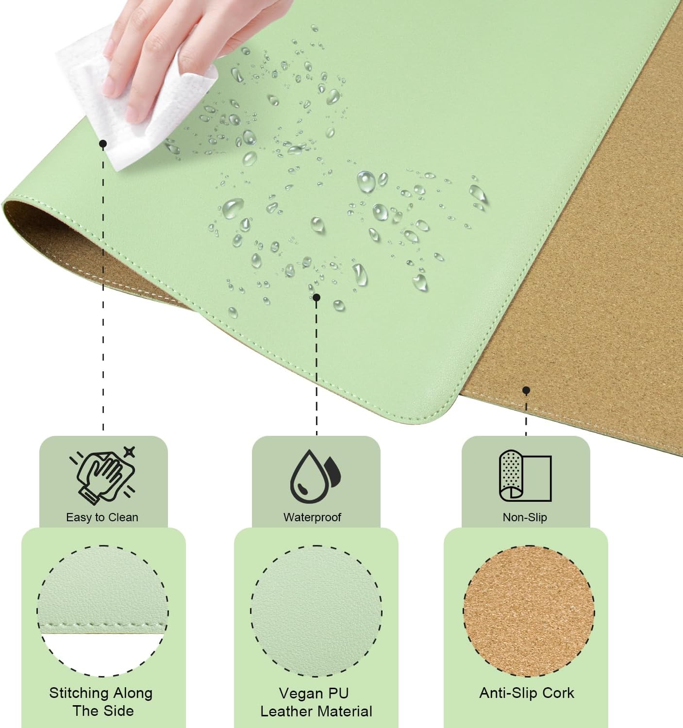 Non Slip Desk Mat, 31.5" x 15.7" PU Leather Desk Pad, Cork Desk Mat for Desktop, Desk Pad for Keyboard and Mouse, Ideal for Office and Home, Light Green