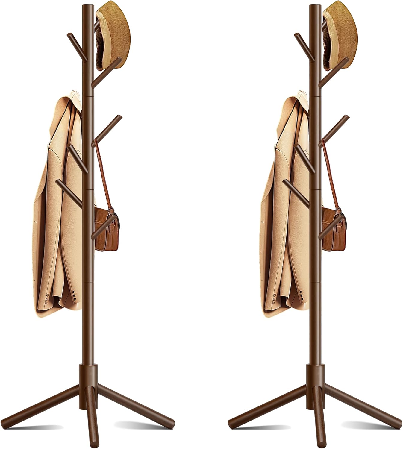 Wooden Coat Rack, Free Standing Coat Rack with 8 Hooks 3 Adjustable Heights for Clothes, Hats, Handbags, Coat Tree Easy Assembly for Entryway, Bedroom, Hallway, Office(2PCS)