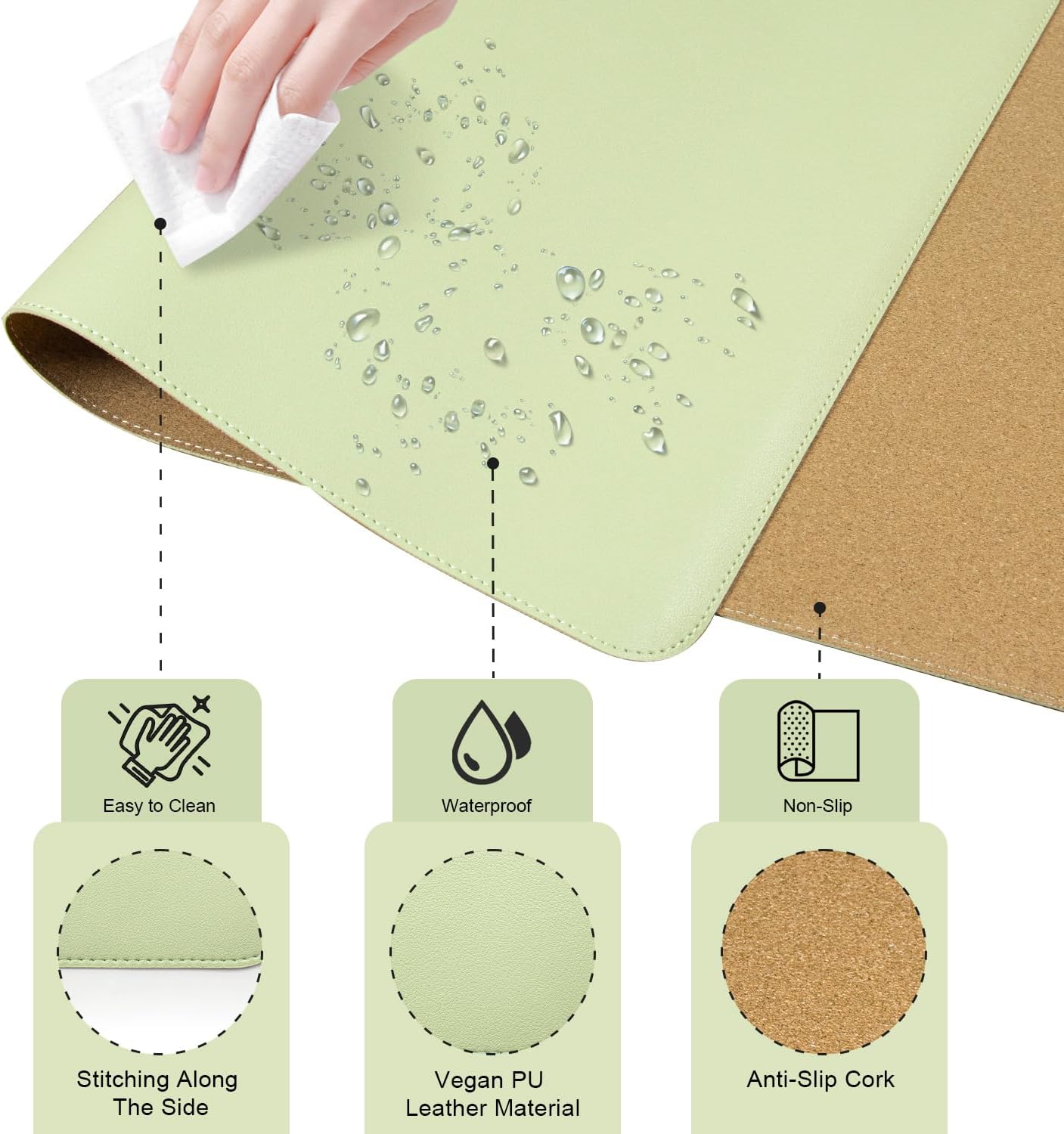 Large Desk Pad 35.4" x 17", Non-Slip Desk Mat with PU Leather & Natural Cork, Waterproof Writing Desk Natural Cork, Computer Mat Desk Protector for Office Home, Matcha
