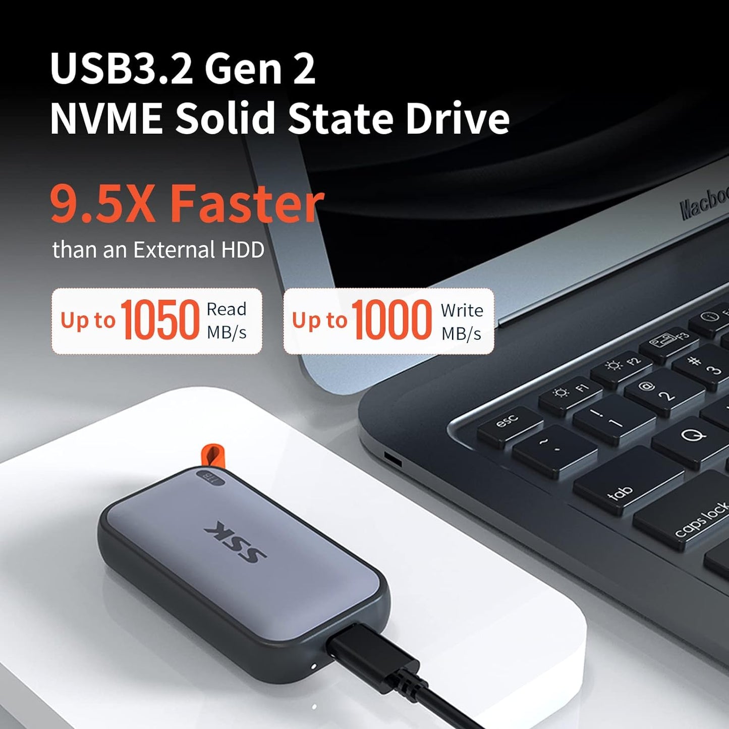 SSK Portable SSD 2TB External Solid State Drives, up to 1050MB/s USB C SSD External Hard Drive USB 3.2 Gen2 for iPhone 15/Pro, Windows, Mac, Android Phones and Tablets