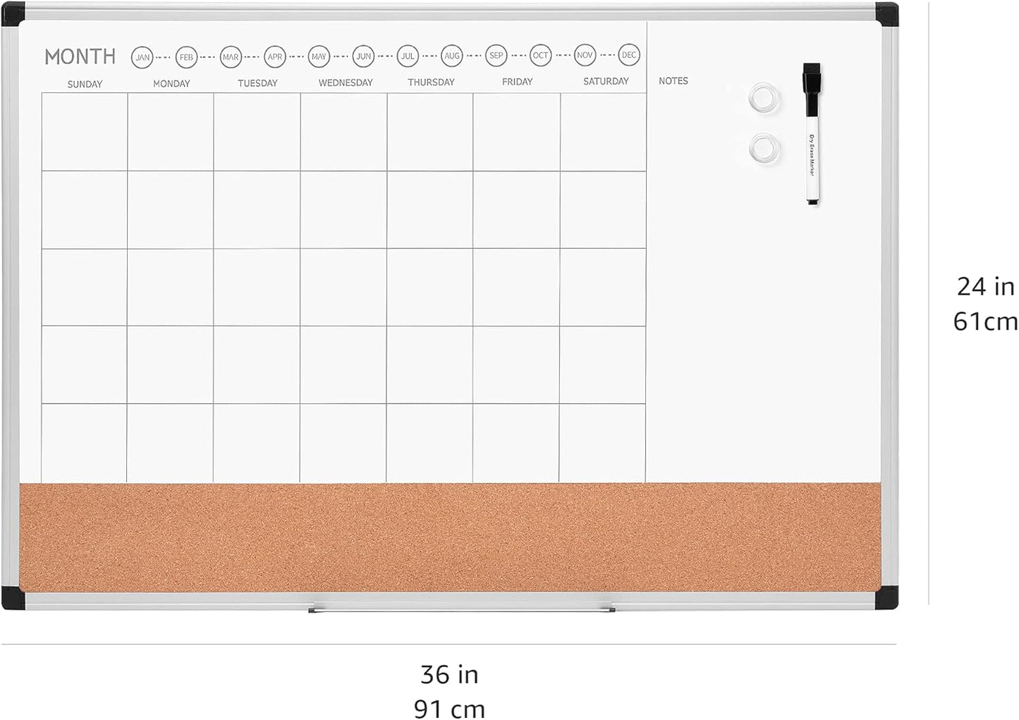 Amazon Basics 24" x 36" Monthly Whiteboard Calendar with Cork Board, Wall Mounted, Easy to Install, Silver Aluminum Frame