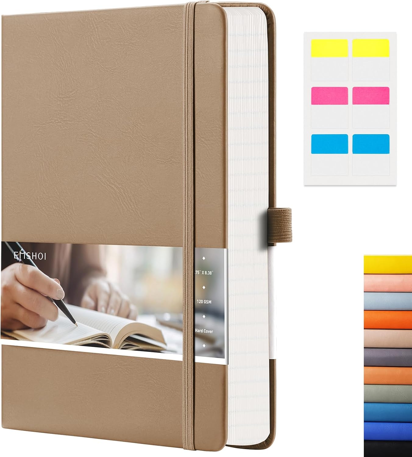 EMSHOI A5 Graph Paper Notebook - 256 Pages PU Leather Hardcover Journal, 120gsm Thick No-Bleed Grid Paper Notebook for Women Men Work School Math Engineering, 5.75" x 8.38" Khaki