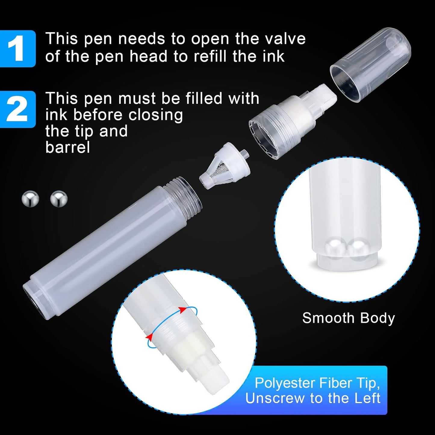 Sabary 10 Pcs Refillable Paint Markers 10 mm Empty Acrylic Markers Blank Flat Head Graffiti White Fillable Paint Pen with 5 Pcs 3 ml Dropper for Oil Water Ink Art Painting Craft Kit