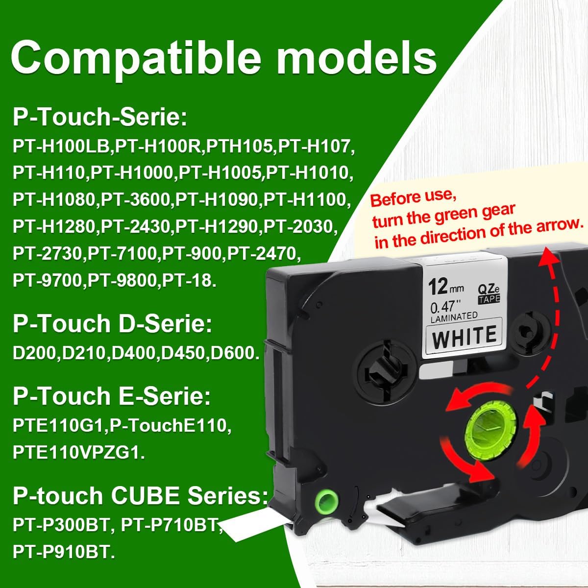 Label Tape Compatible with Brother Tze-231, 12mm 0.47" Black on White Laminated Tape for P-Touch Label Maker PT-D210 D220 H110 D410 P710BT H111 1070, 10 Pack