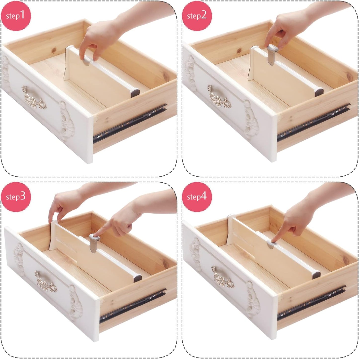 DIOMMELL 12 Pack Adjustable Plastic Drawer Dividers, White, 4"H x 11"-17"L, Expandable Organizers for Kitchen, Bedroom, Closet, Bathroom & Office Drawers