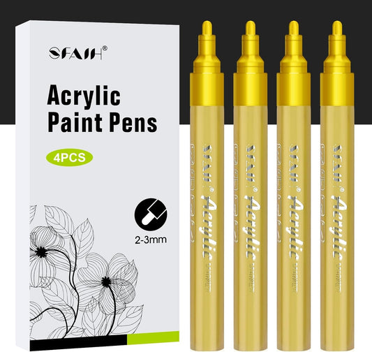 SFAIH Gold Paint Markers Pens - 4 Pack 2-3MM Medium Tip Metallic Acrylic Markers for Poster Board, Wood Signs, Glass Jars, DIY Home Decor
