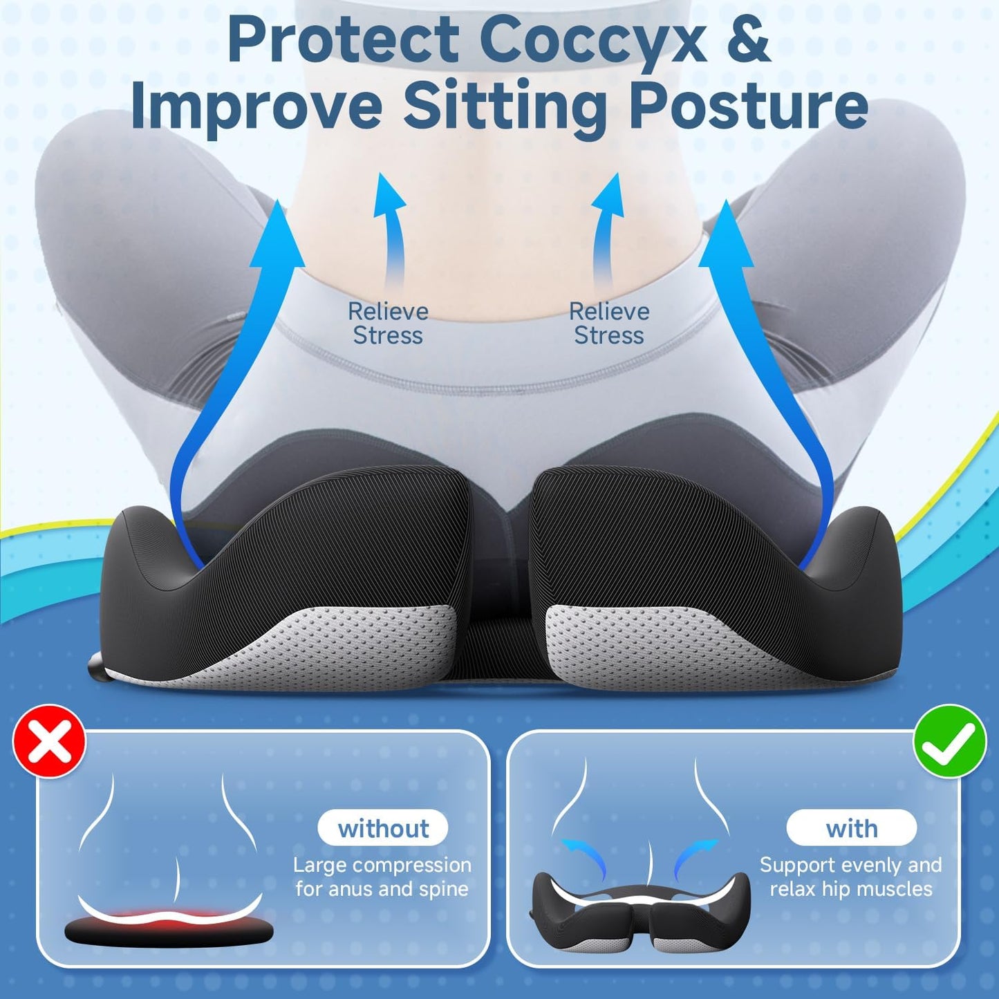 Benazcap Gel Seat Cushion for Office Chair Ergonomic Cushions-Gel & Memory Foam Coccyx Butt Pillow for Sciatica & Back Pain Relief for Long Sitting for Gaming Chair and Car Seat-Black