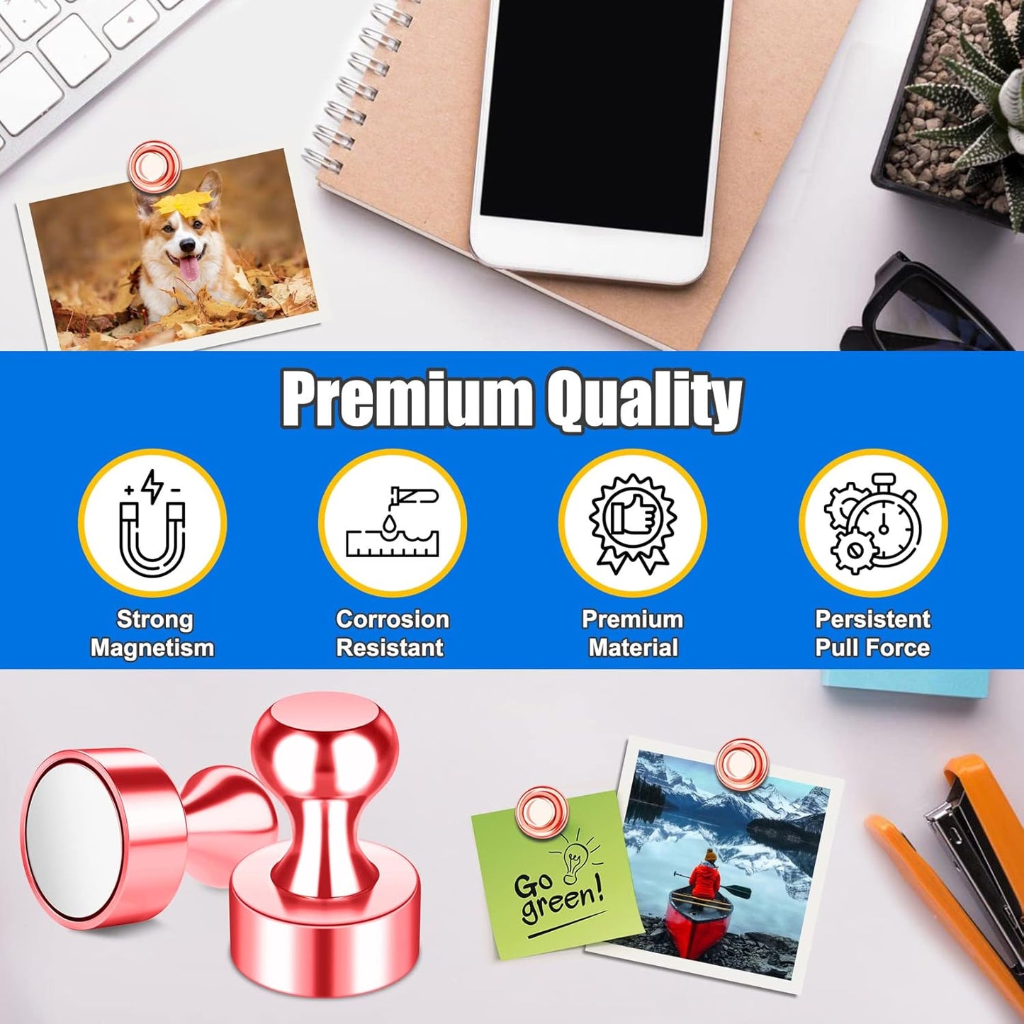Strong Refrigerator Magnets, 120 PCS Cute Whiteboard Magnets, Rose Gold Magnetic Push Pins, Magnetic White Board Set for Fridge, Office, Kitchen, Locker Accessories, Desk Accessories