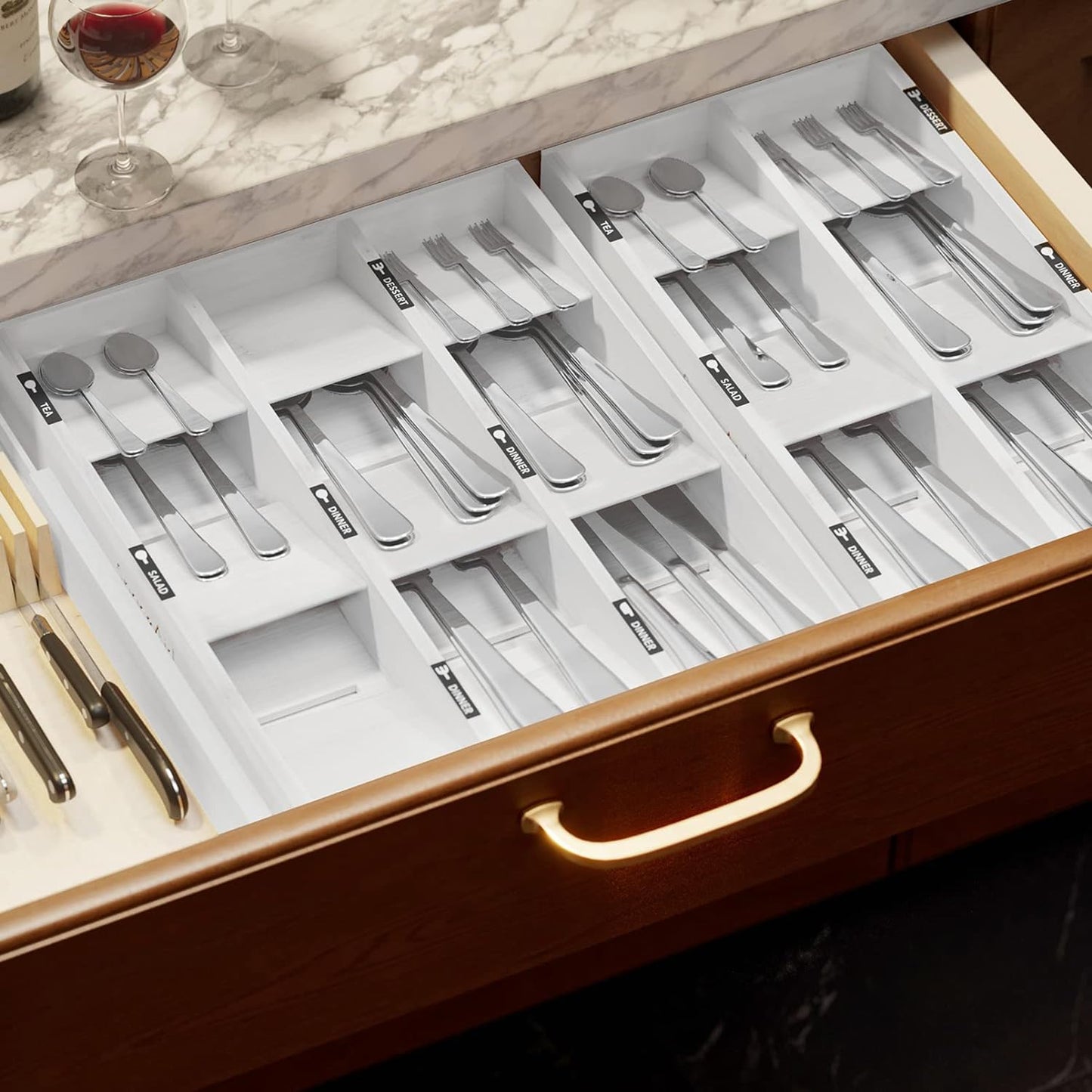 SpaceAid Bamboo Silverware Drawer Organizer with Labels, Kitchen Utensil Tray Holder Organizer for Flatware, Cutlery, Spoon and Knives Drawer Storage Organization (White, 6 Slots)