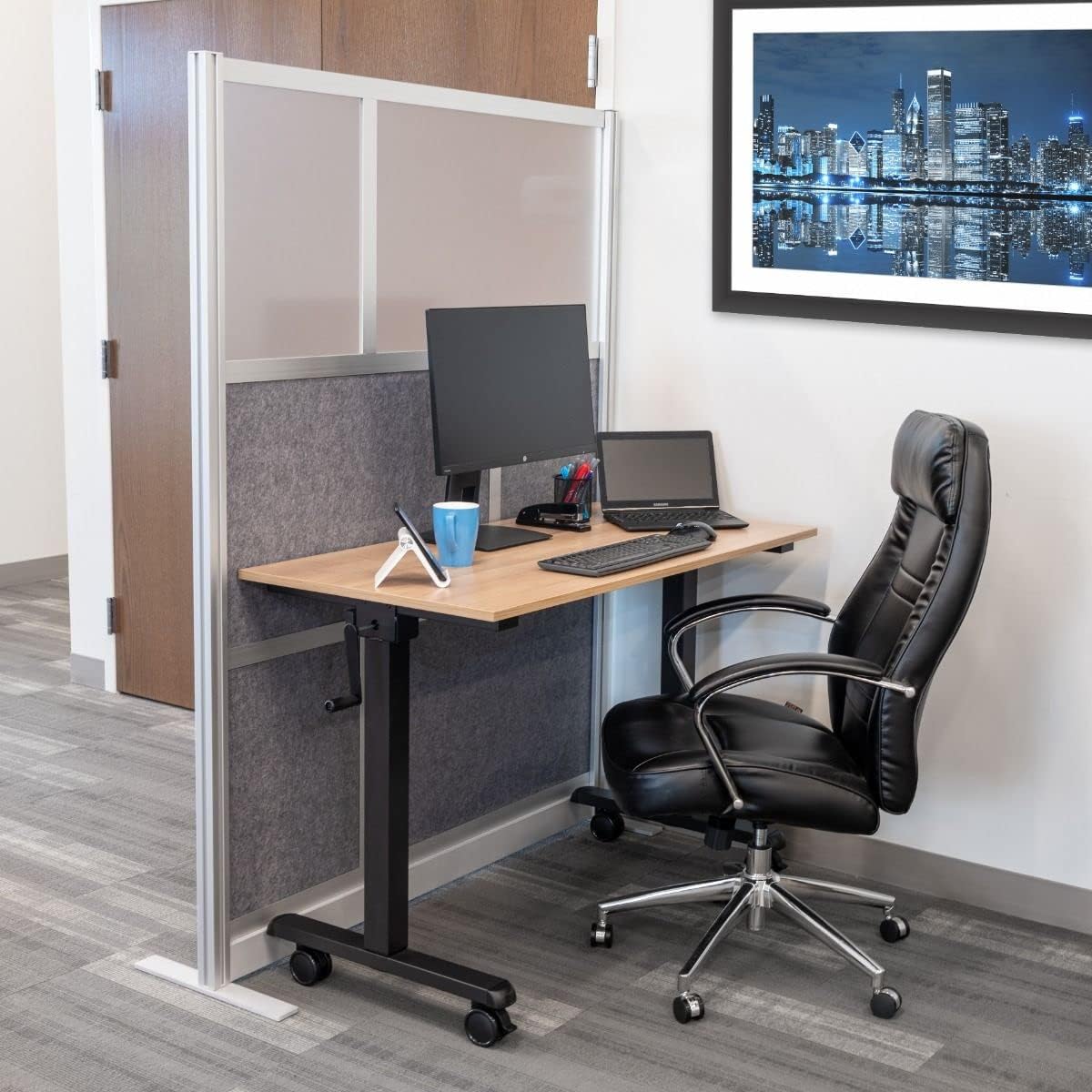 Stand Up Desk Store Expanse Modular Wall | 53'' x 70'' Wall | Expandable Partition Room Divider with Rearrangeable Frosted Acrylic & Sound Absorbent Panels (Silver Frame)