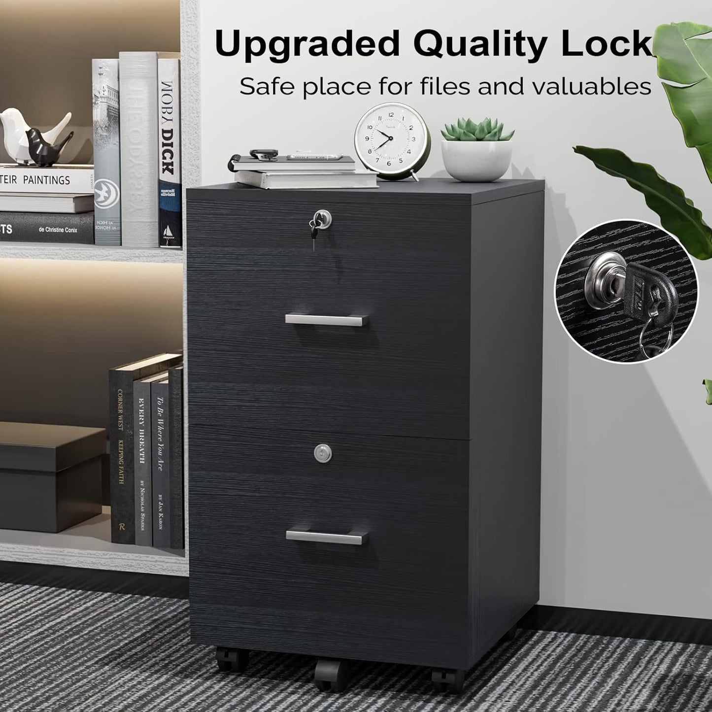 VINGLI 2-Drawer File Cabinet with Lock, Small Rolling Wood Filing Cabinet for Hanging Letter Size Filings with Tabs, Mobile Under Desk File Organizer for Home Office, Classic Black, 27.2" H