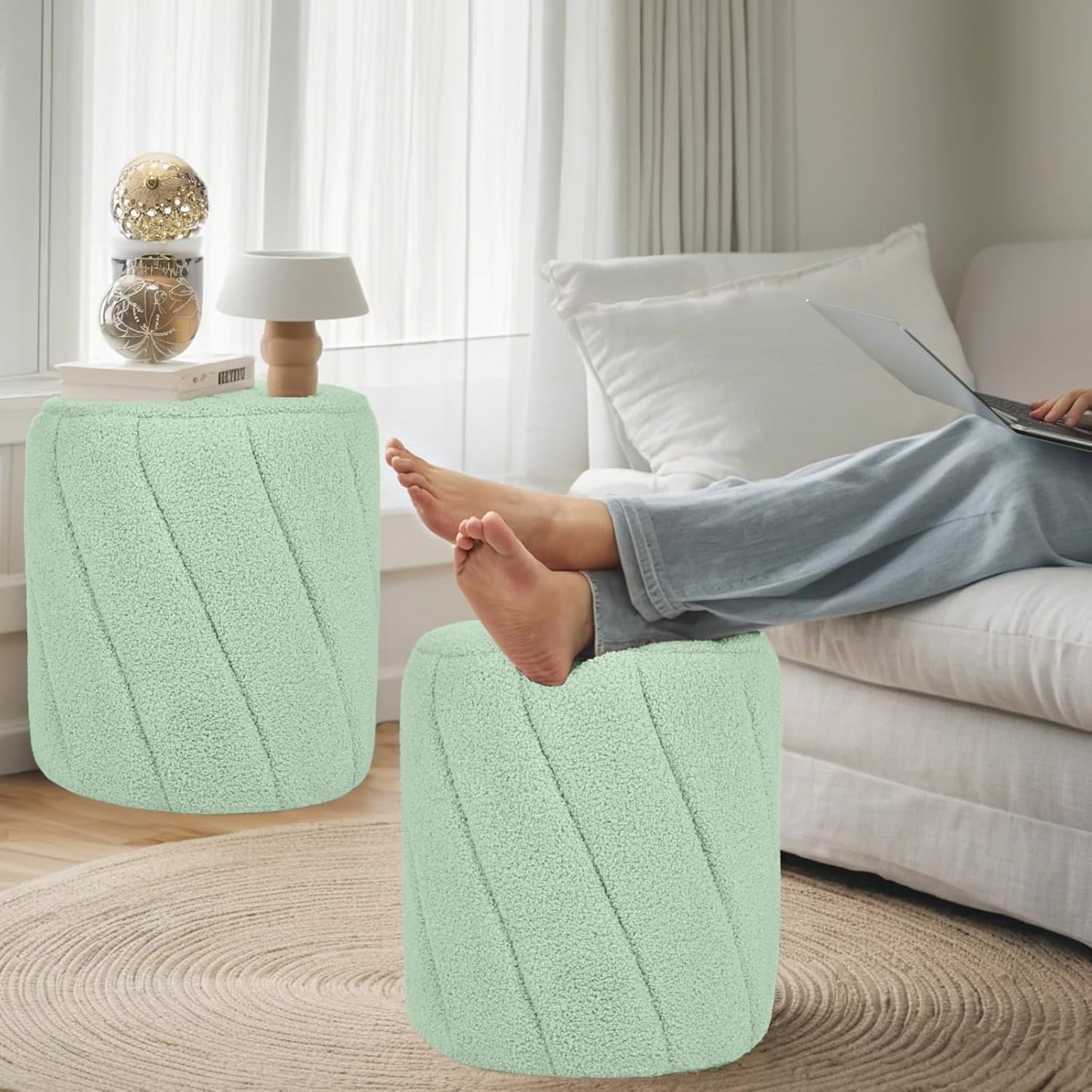 Modern Round Ottoman 2Pcs, Spiral-Tufted Foot Stool Ottoman, Teddy Fleece Upholstered Vanity Stool for Makeup, Bedroom, Living Room, Light Green